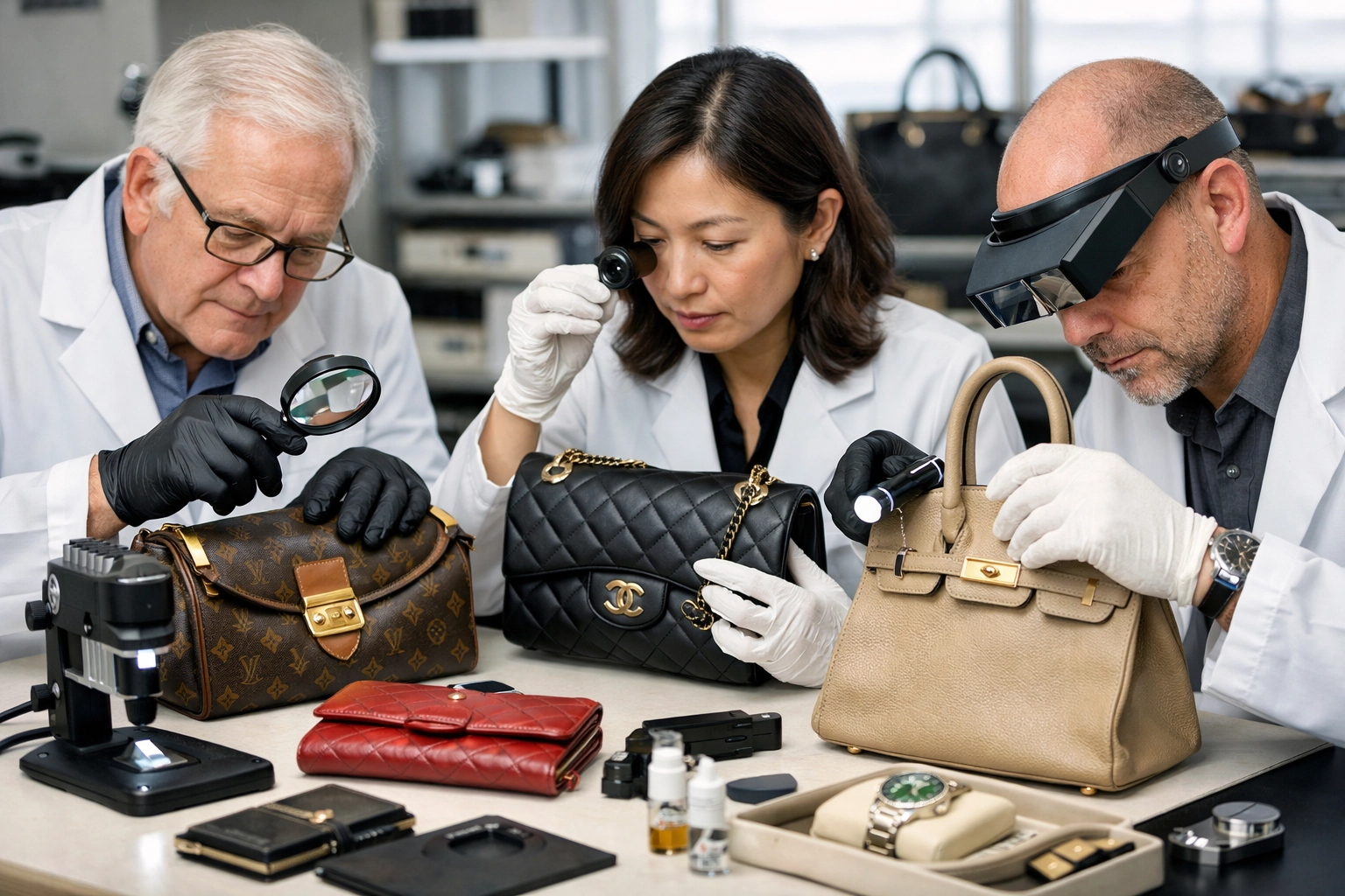 Experienced human authentication experts collaborating over luxury items in a professional lab.