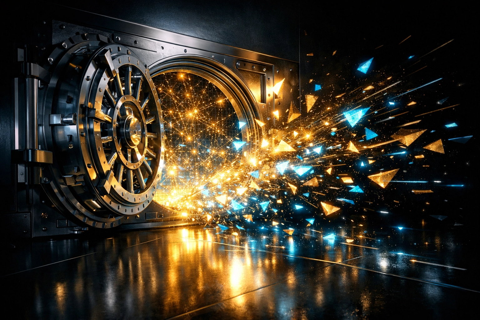 Open silver vault revealing glowing digital constellations, symbolizing financial freedom and self-custody.