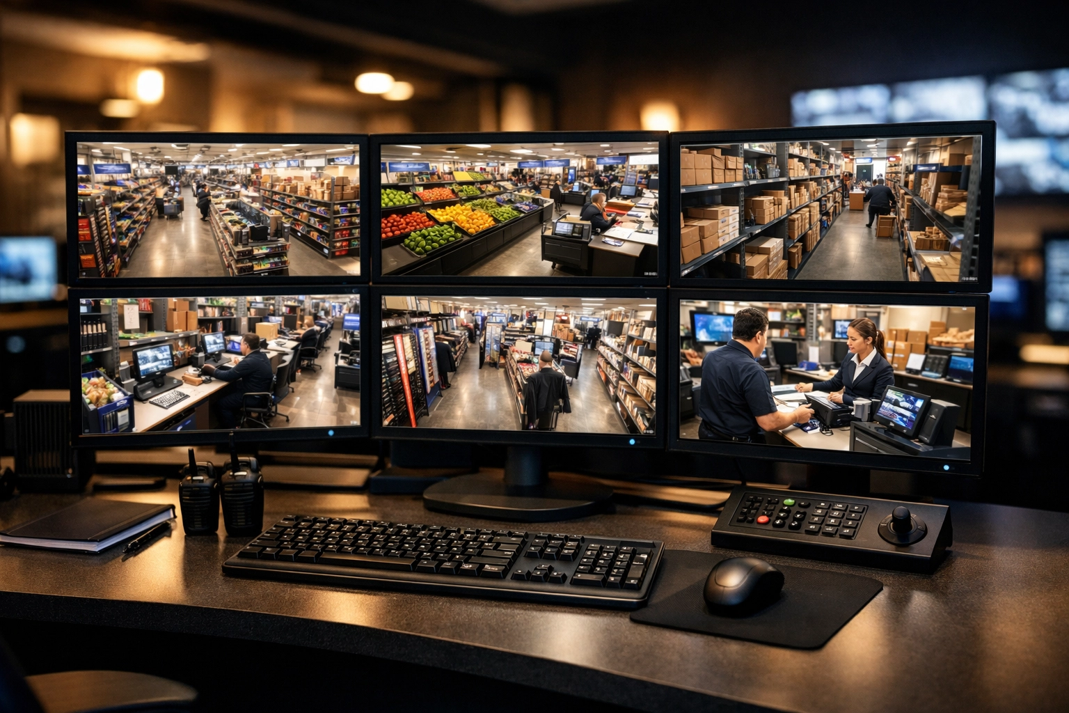 Security control room monitors displaying live camera feeds for retail loss prevention
