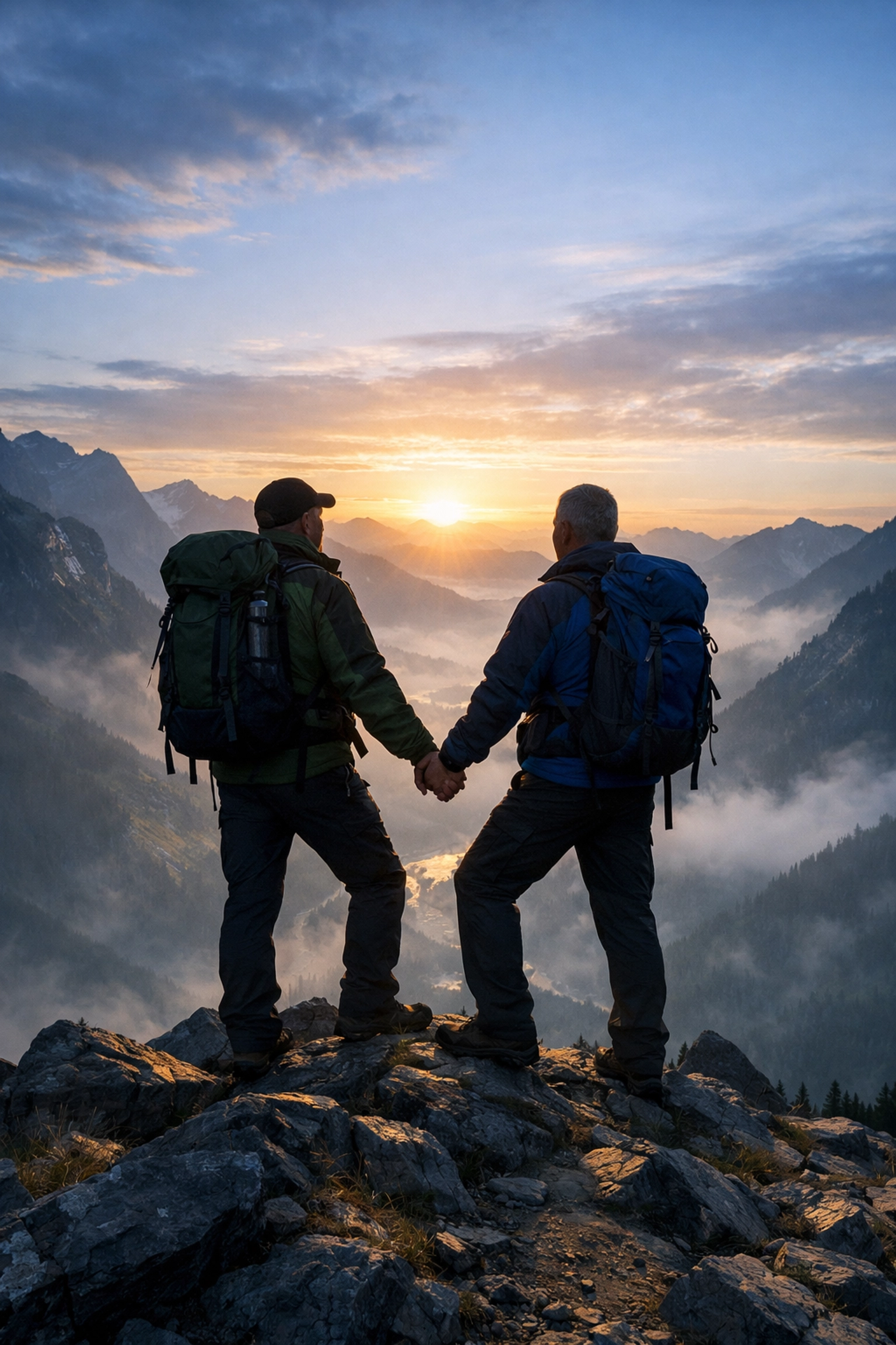 Middle-aged gay men on a mountain top, symbolizing freedom in life transitions and gay love stories.
