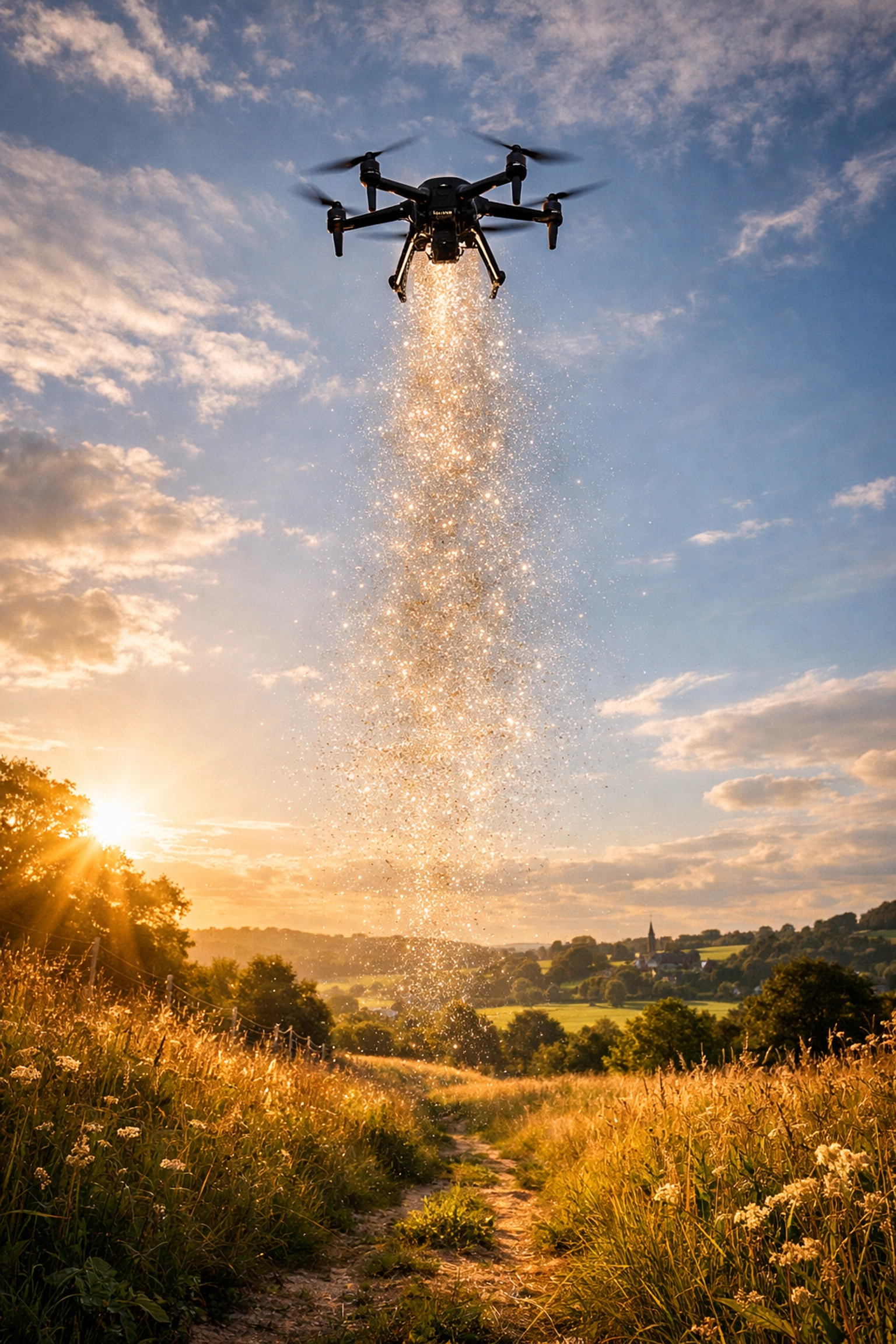 Professional drone scattering pet cremation ashes over a scenic UK meadow at sunset.