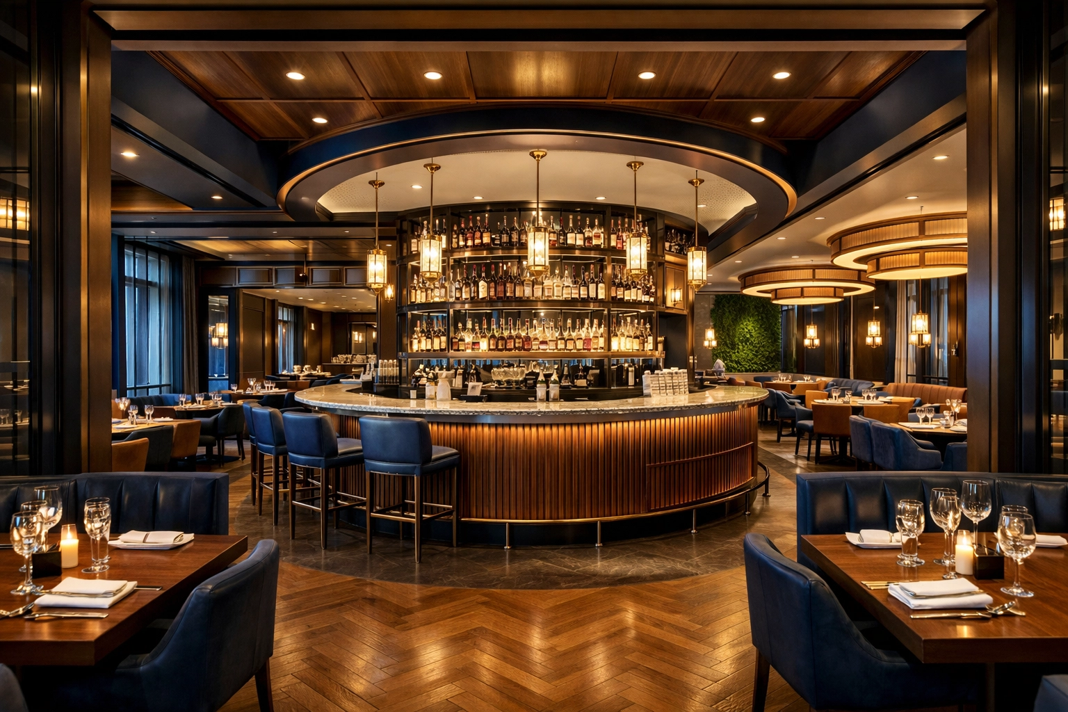 Interior of a high-end dining establishment protected by stop-gap and Washington restaurant insurance.