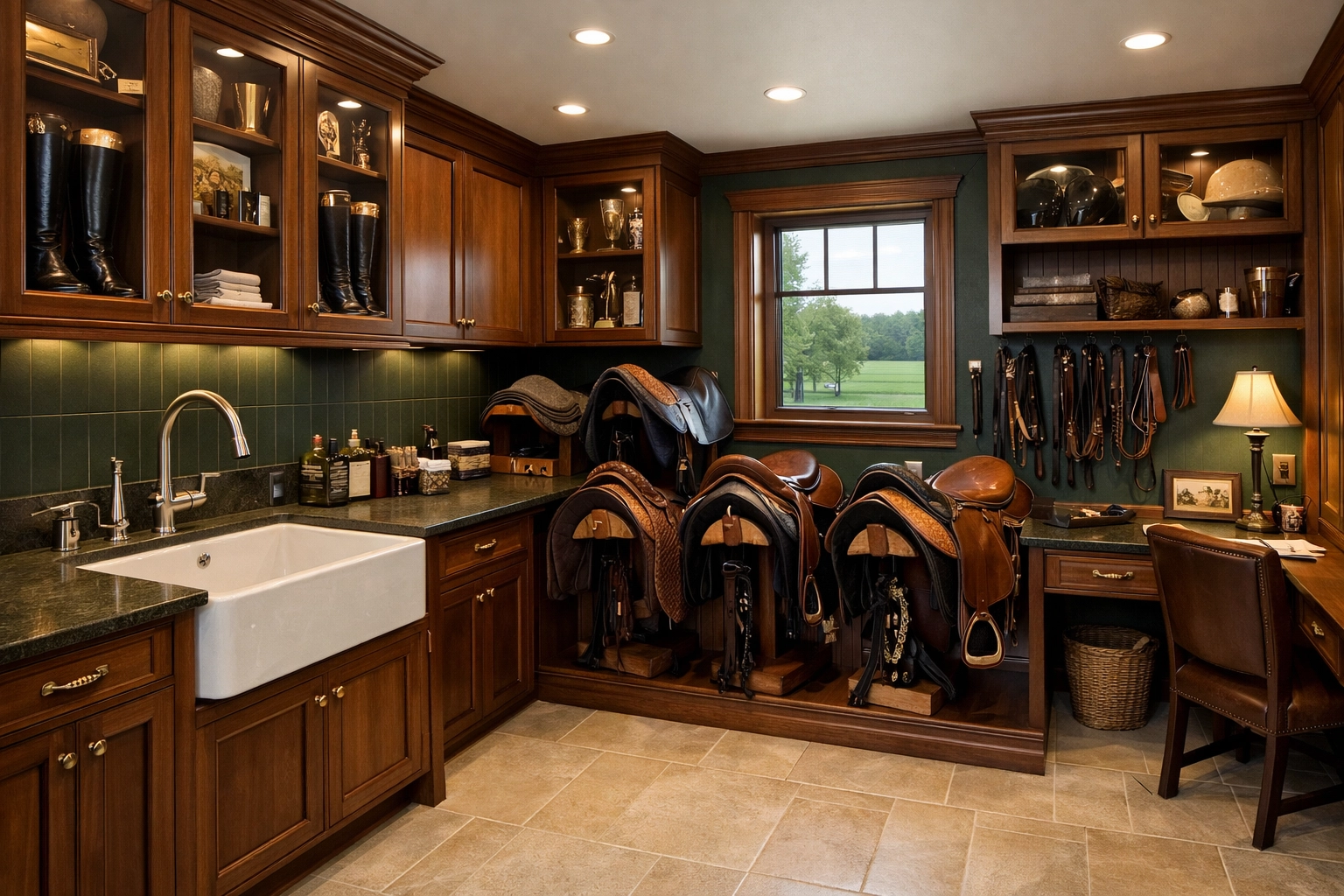 Custom tack room with organized saddle storage in luxury Charlotte equestrian estate