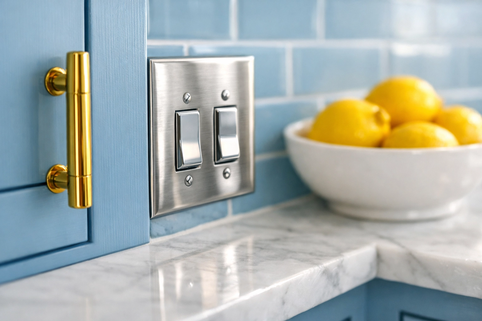 Detailed luxury Marblehead kitchen cleaning focusing on polished handles and marble countertops.