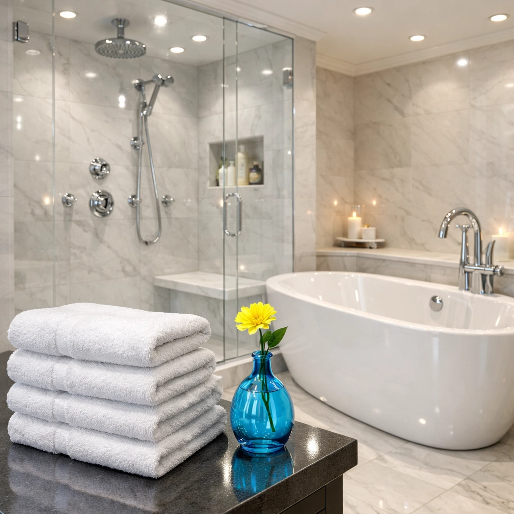 Sparkling clean luxury master bathroom in Newton MA after a deep sanitization and move-in cleaning service.