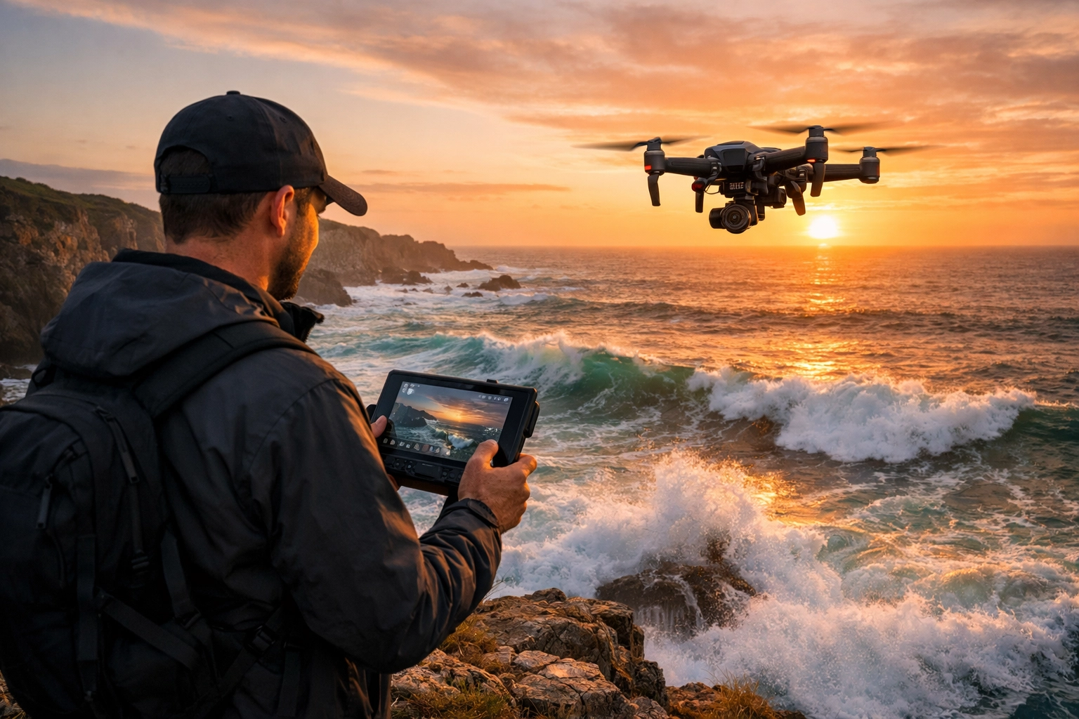 A professional drone videographer capturing cinematic coastal footage during a golden hour freelance gig.