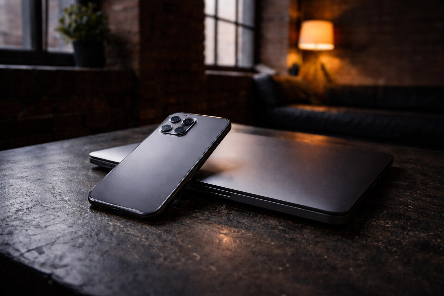 Refurbished iPhone and MacBook on concrete in Brooklyn loft, highlighting premium certified refurbished tech in NYC.