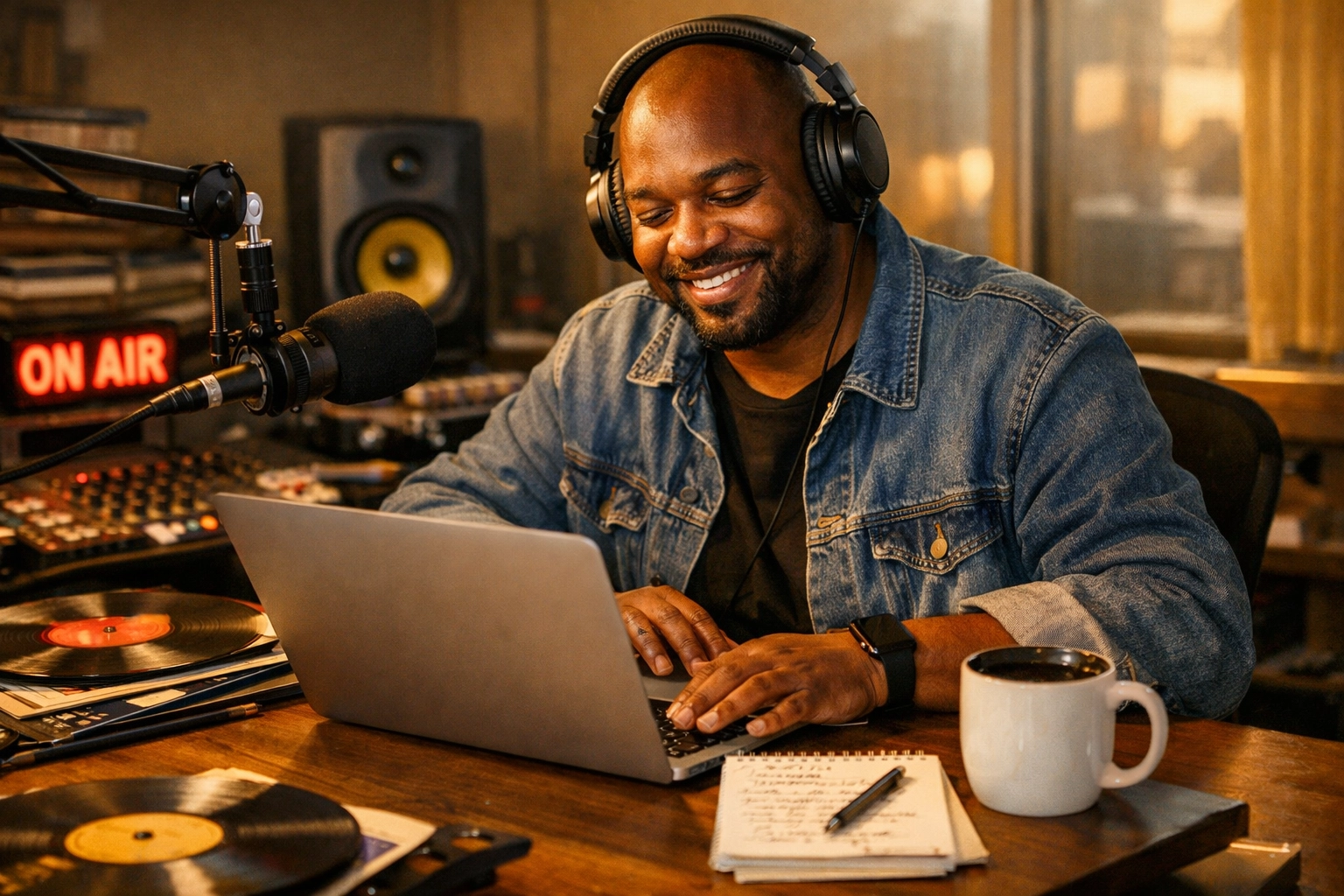 Radio DJ reviewing music submissions at station desk to discover new hip hop artists