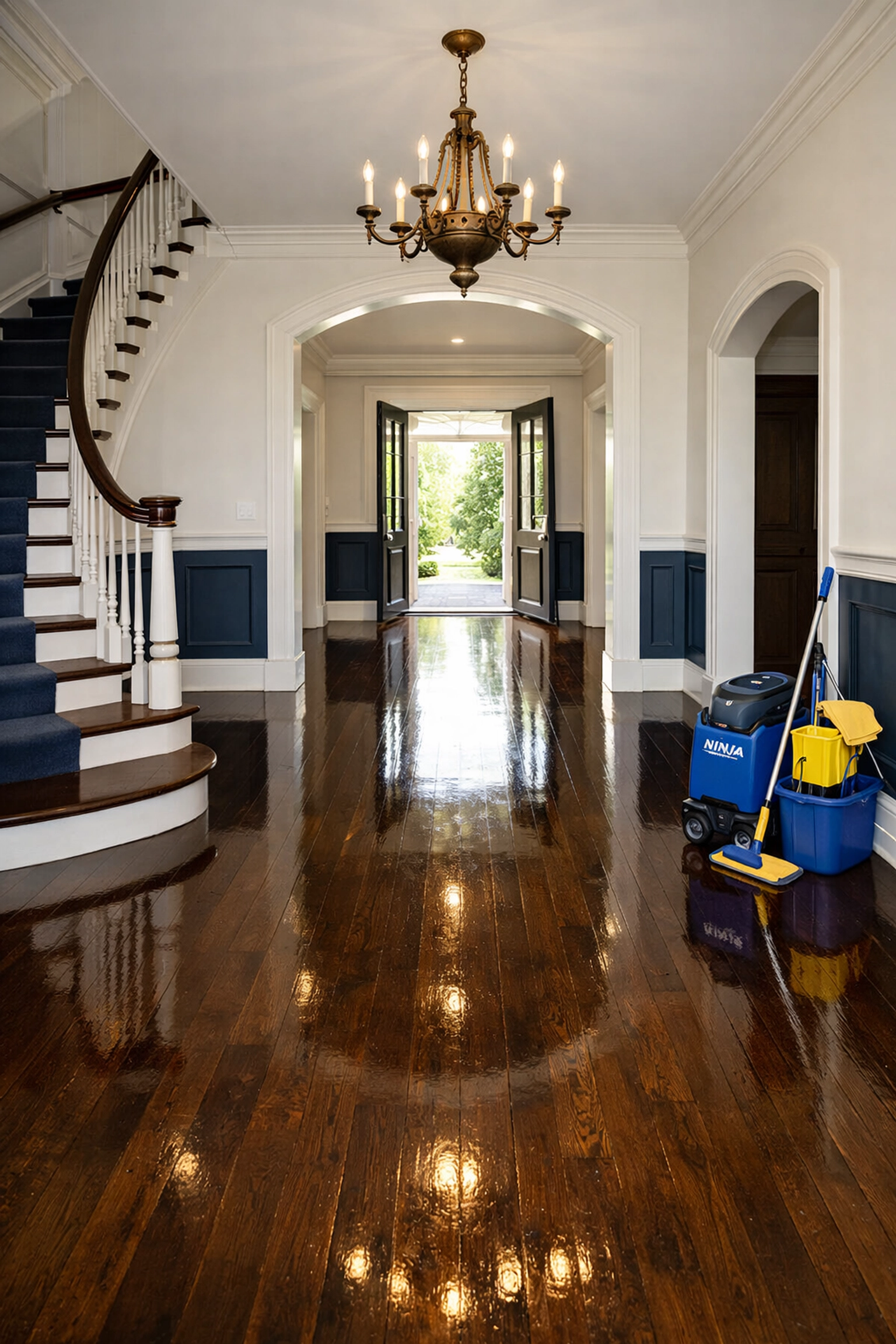 Polished hardwood floors in a grand foyer following move-out residential cleaning in Marblehead.