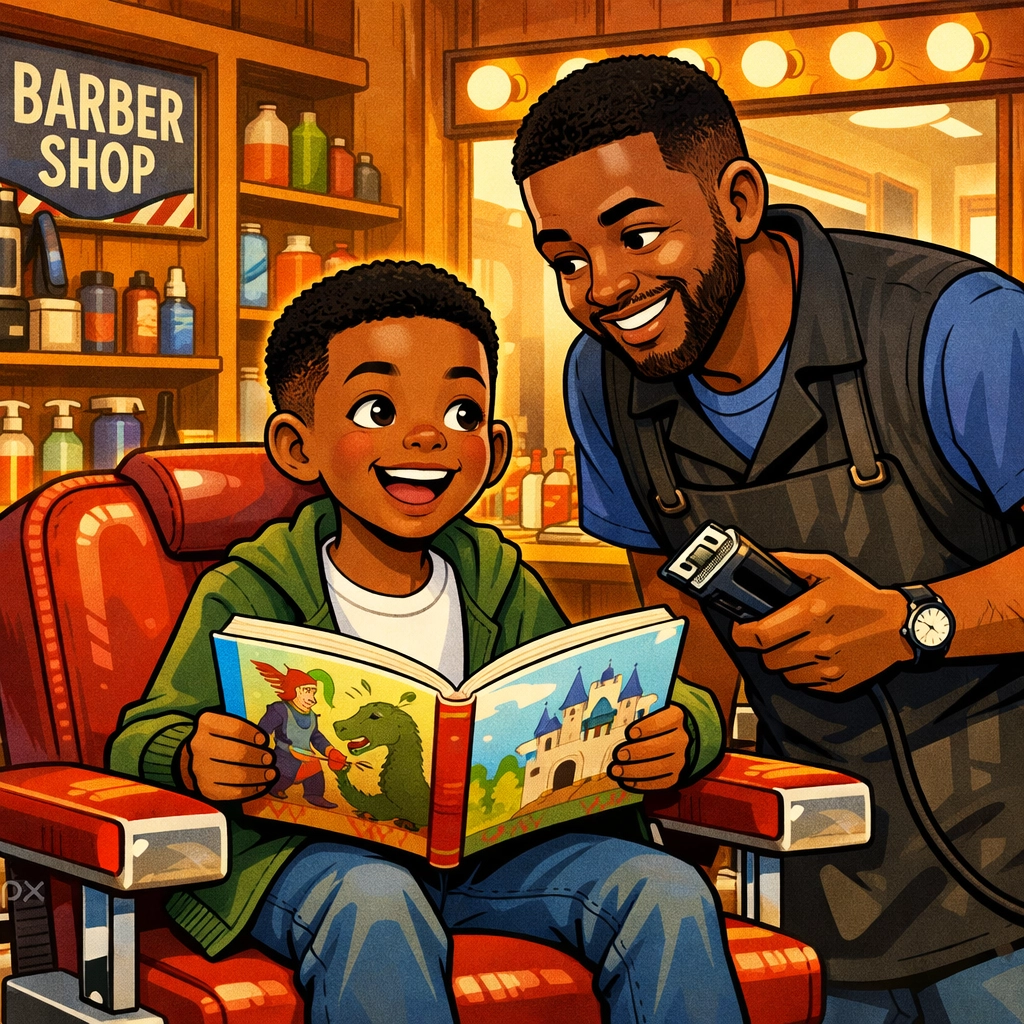 Young boy reading aloud in barbershop chair with mentor barber in St. Petersburg literacy program