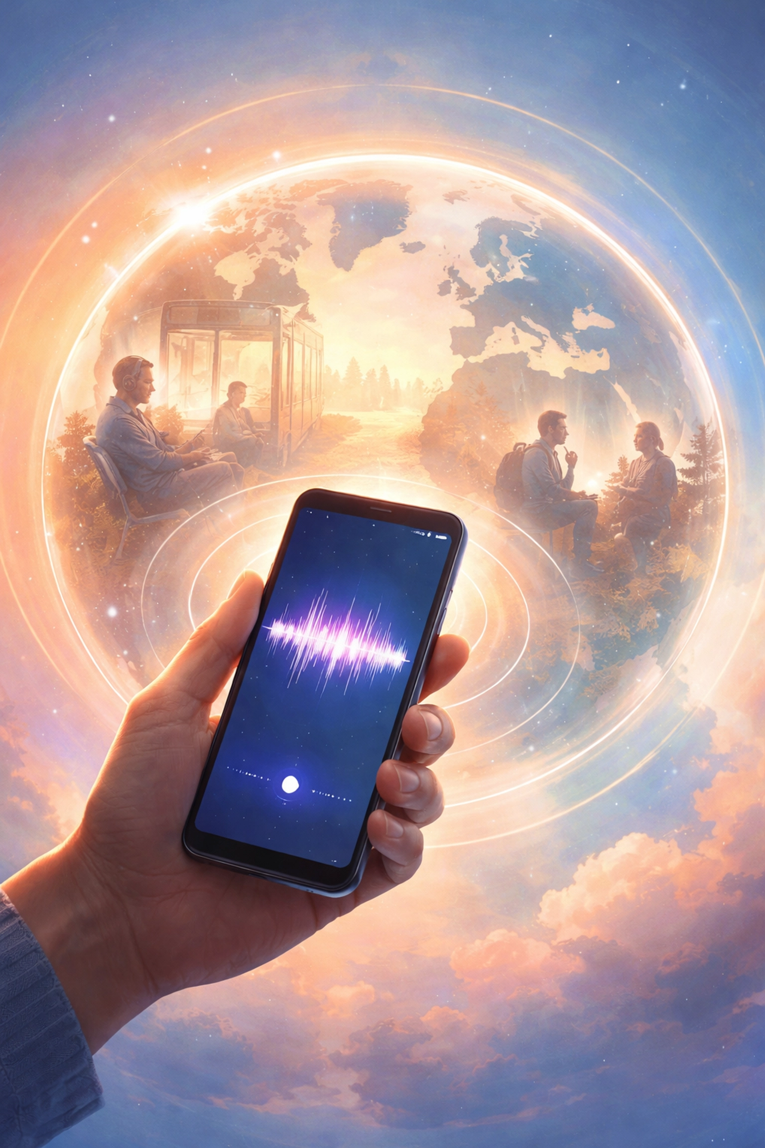 A hand holding a phone with audio waves and glowing globe shows podcasting connecting faith communities worldwide.