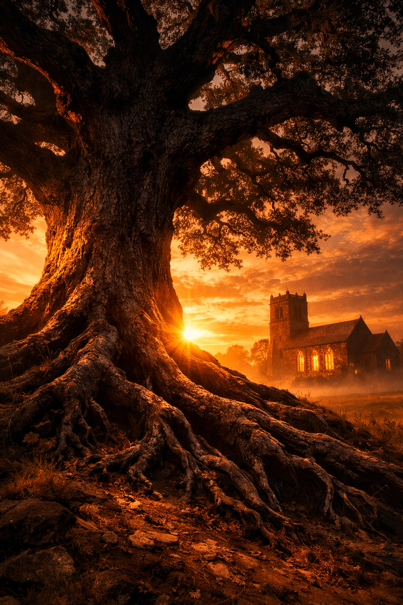 Ancient oak tree roots and a stone parish church at sunrise symbolizing spiritual heritage and rooted Catholic identity.