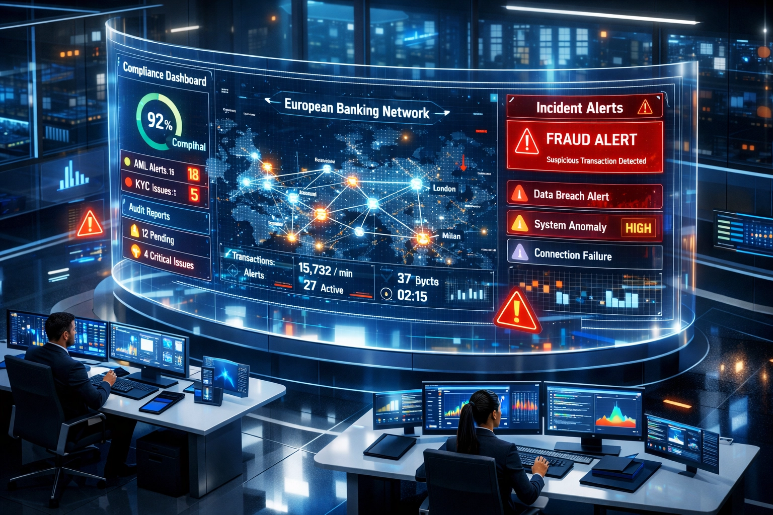 DORA compliance dashboard showing real-time monitoring for EU banking operations center