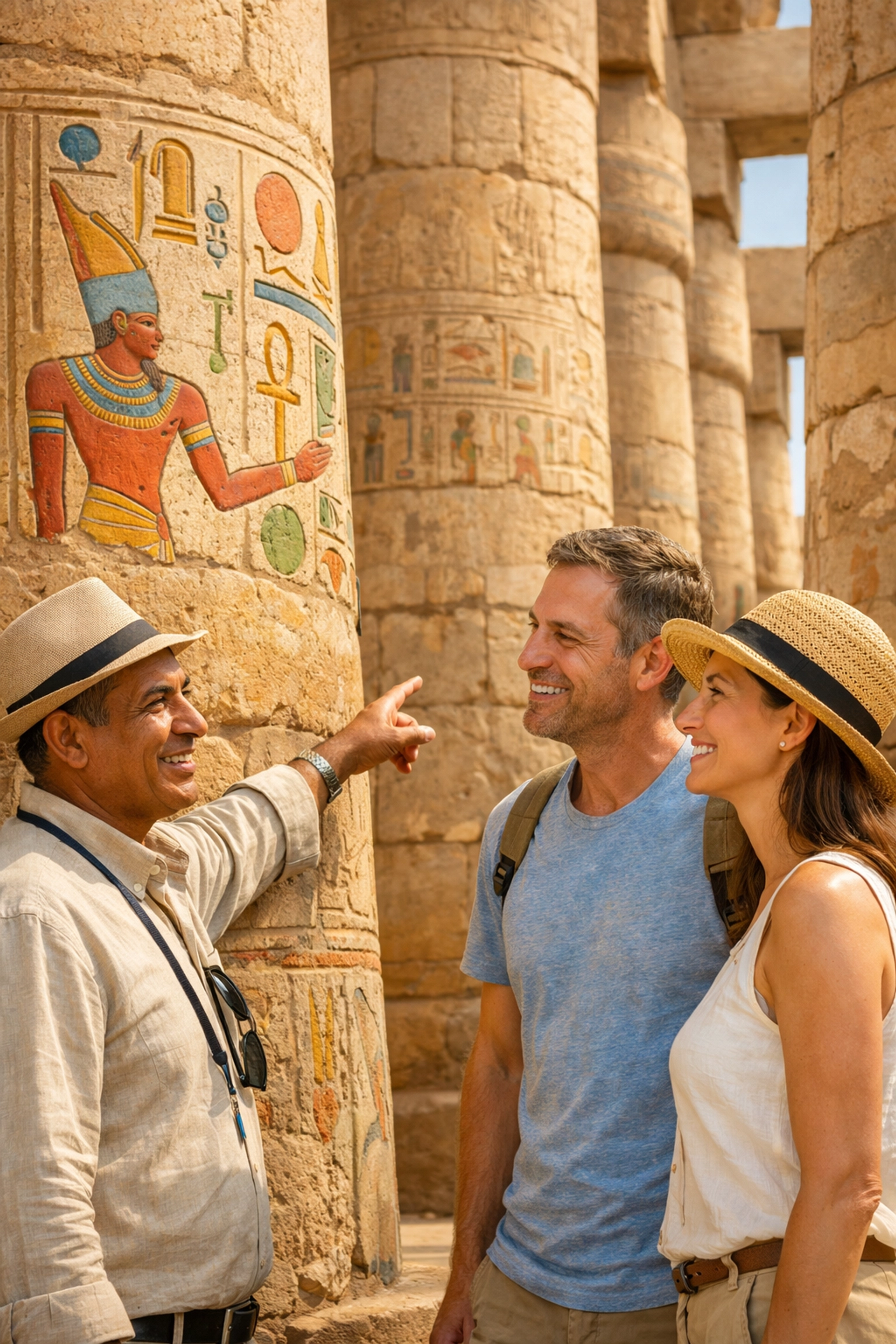 A private Egyptologist guide explaining ancient hieroglyphs at the Temple of Karnak in Luxor.