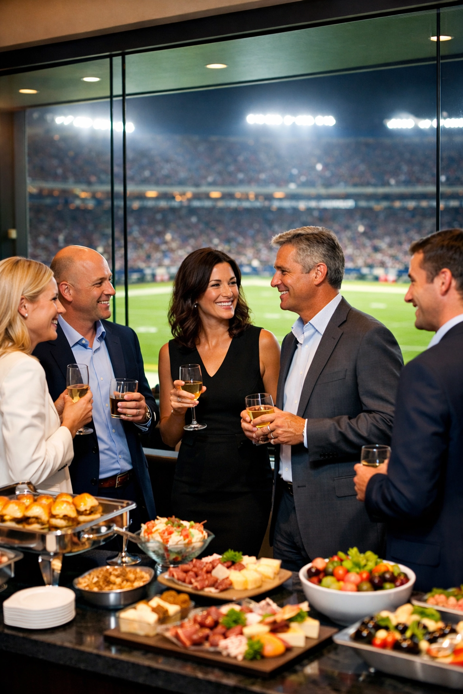 High-level corporate networking in a luxury stadium suite during a professional sports marketing experience.