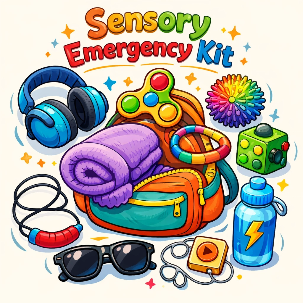 ADHD sensory emergency kit with noise-canceling headphones, fidget toys, and calming tools