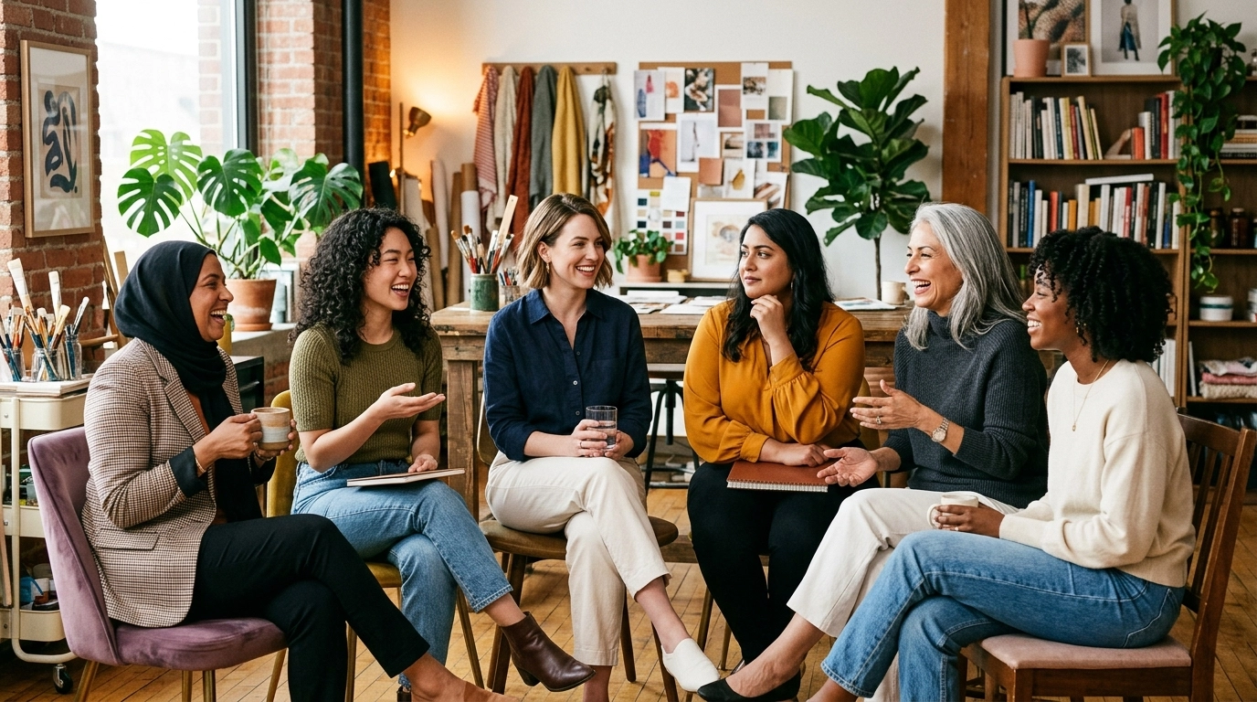 Diverse women collaborating in a modern, chic studio setting with soft pink accents
