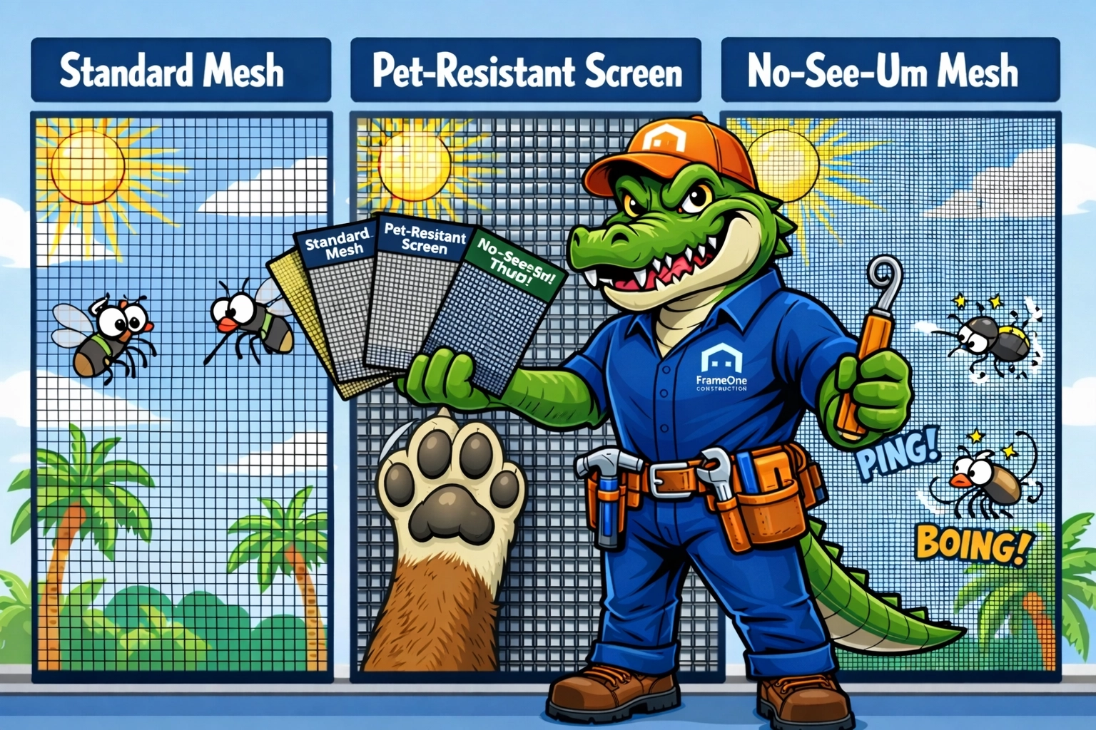 Comparison of three screen material types for pool enclosures including pet-resistant mesh