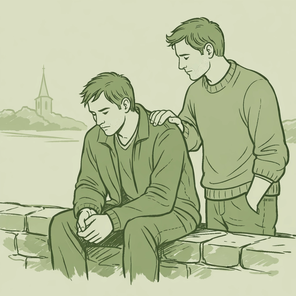 A gay man comforting his partner during an emotional struggle with religious faith and identity on Easter.