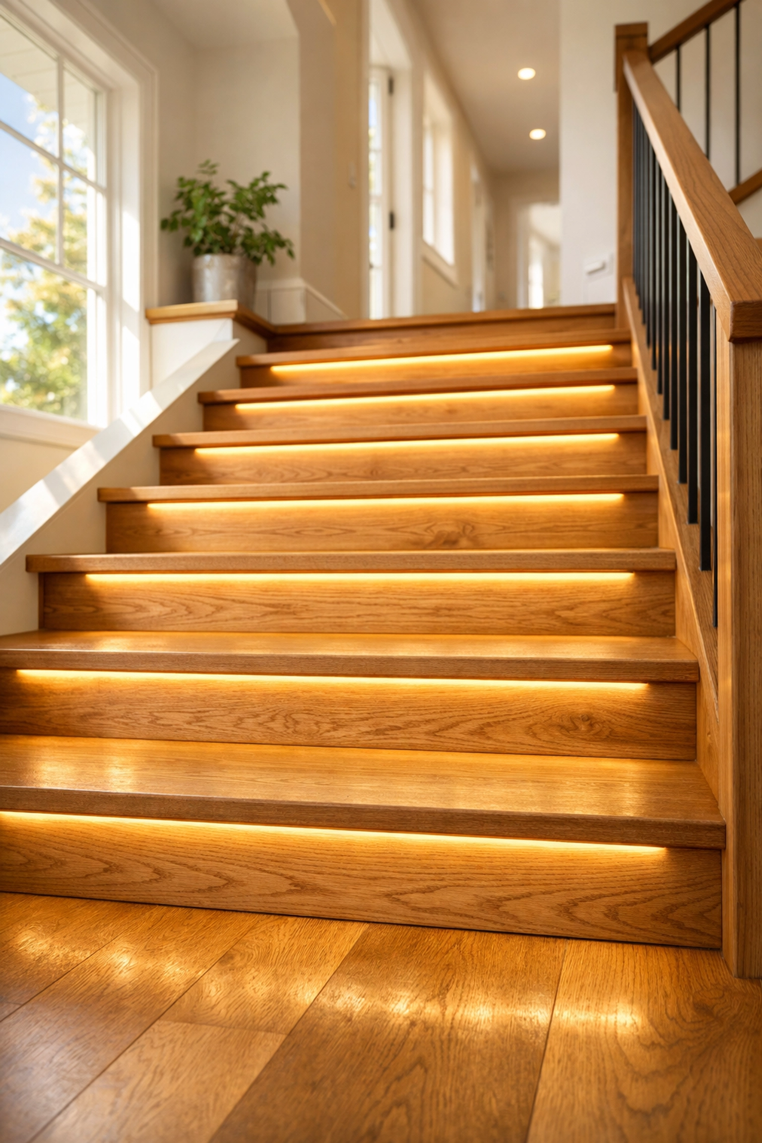 Wooden staircase with warm LED strip lights under each step for enhanced visibility and fall prevention.