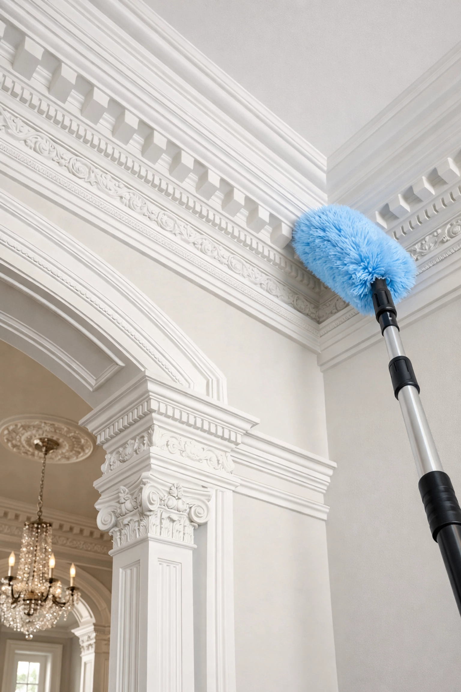 Detailed dusting of historic crown molding as part of a comprehensive Deep Cleaning Boston service.