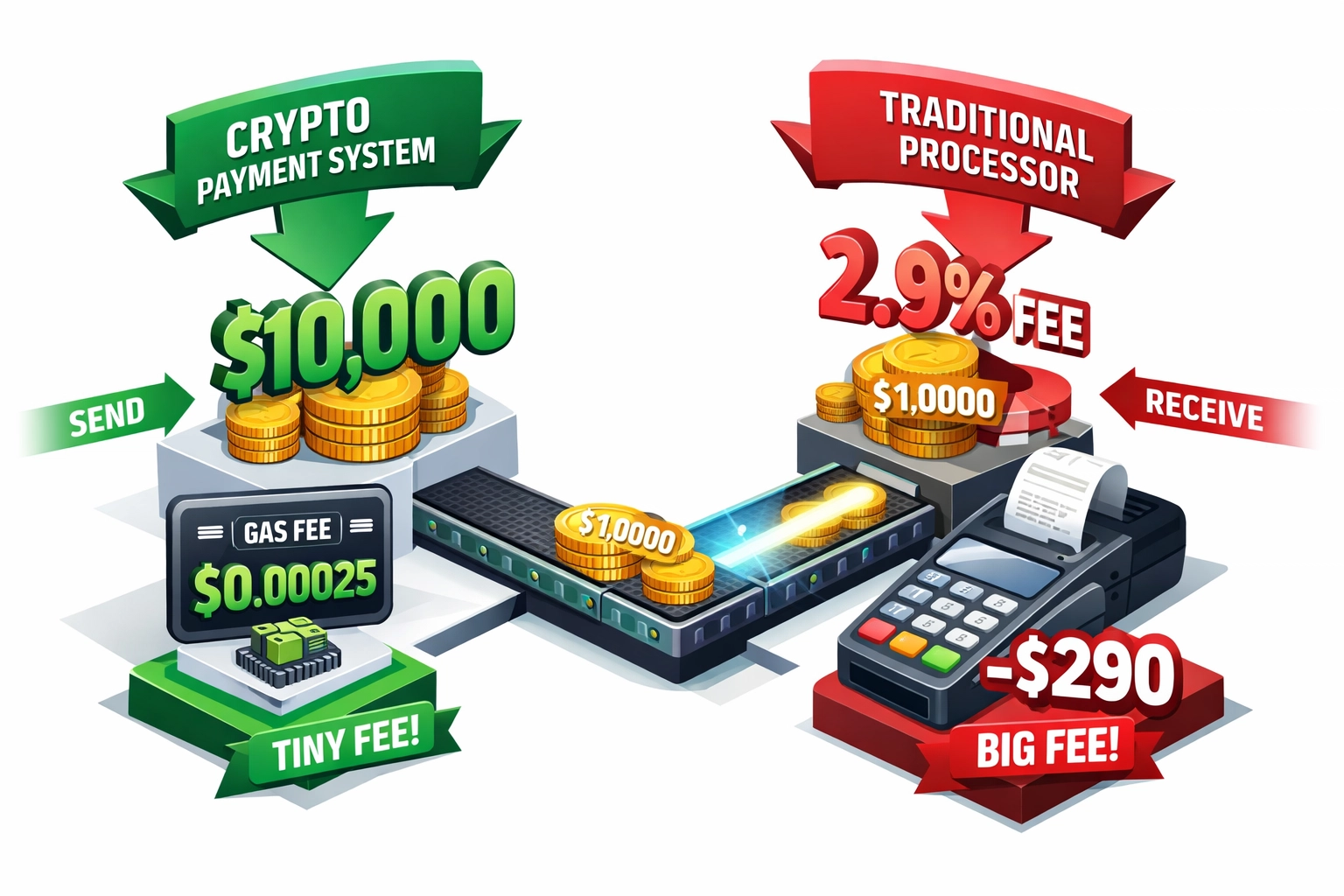 Crypto gas fee comparison showing $0.00025 cost vs 2.9% traditional payment processing fee