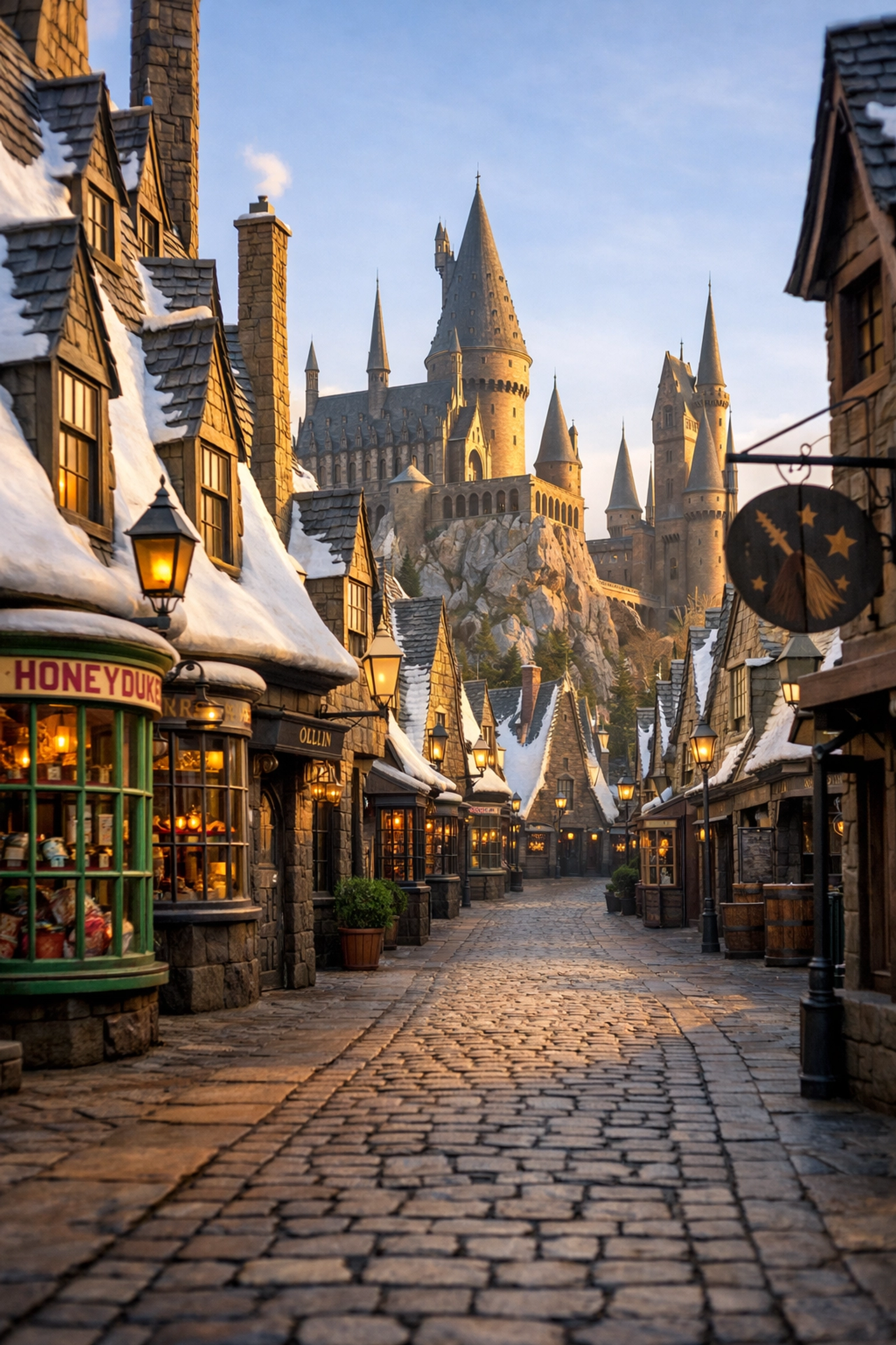 Hogsmeade street leading to Hogwarts Castle, highlighting the best photography locations for composition.