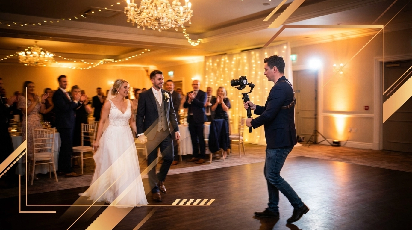 A joyful bride and groom enter the elegantly decorated wedding reception, capturing every moment with a videographer as guests applaud their arrival.


