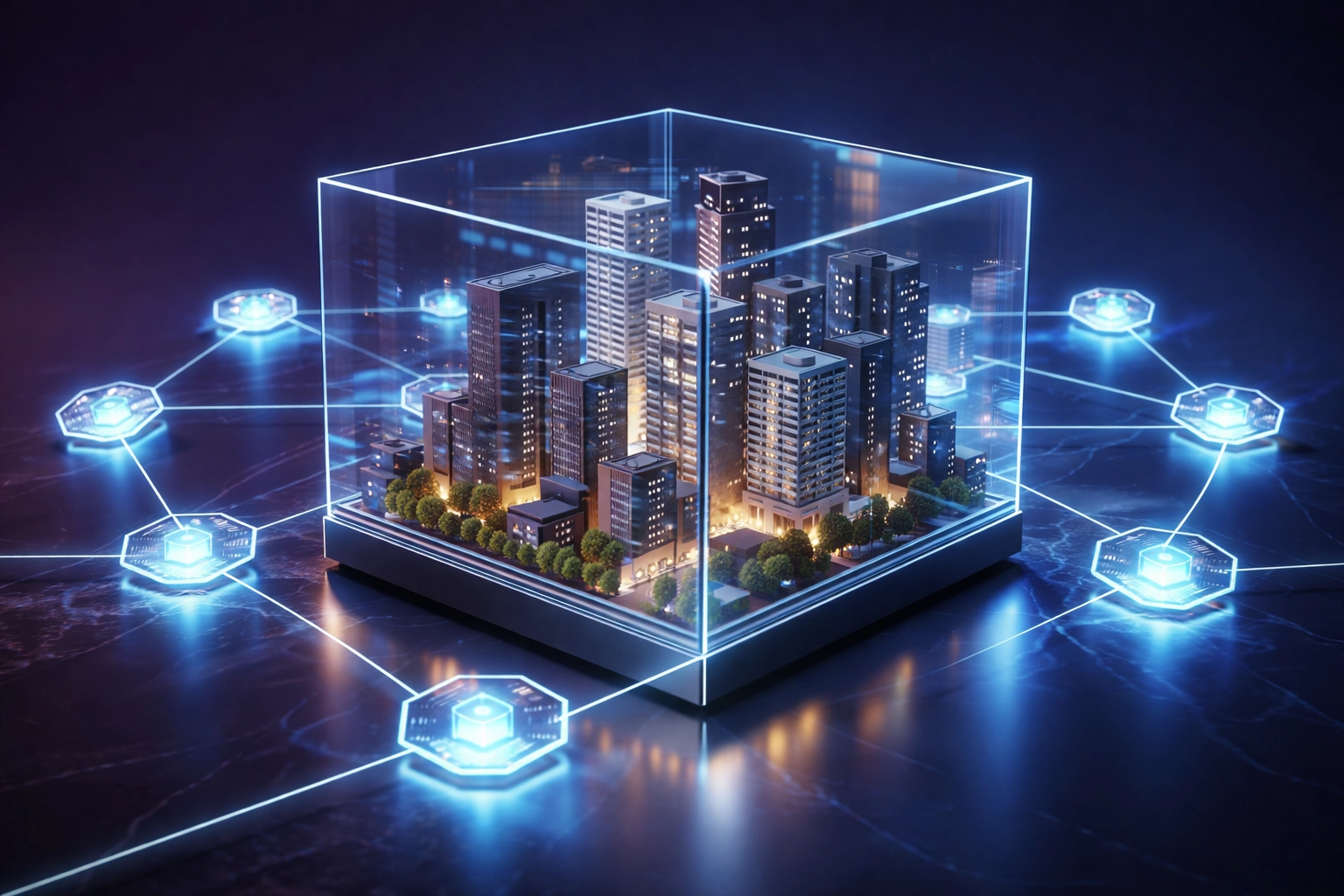 Glass cube cityscape with blockchain nodes symbolizing real estate tokenization and digital ownership