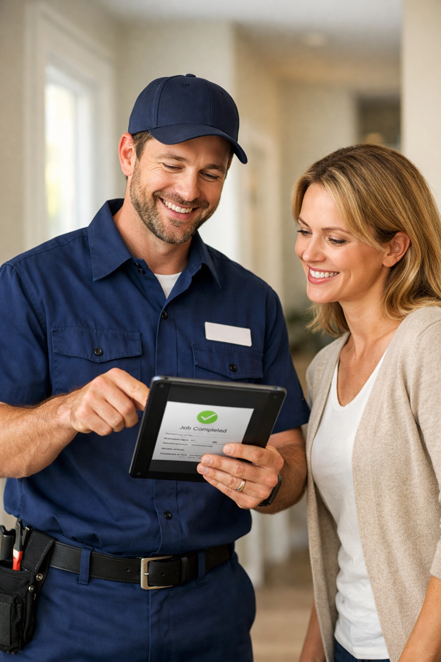 Professional technician with a tablet ensuring a positive customer experience to help get more google reviews.