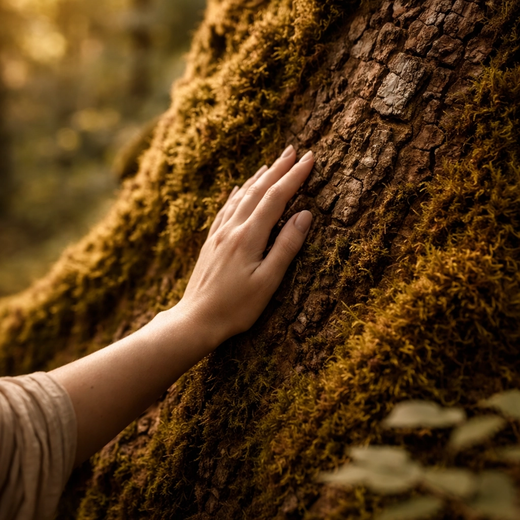 Hand touching the bark of an ancient moss-covered tree in deep detail, symbolizing collaboration with the land
