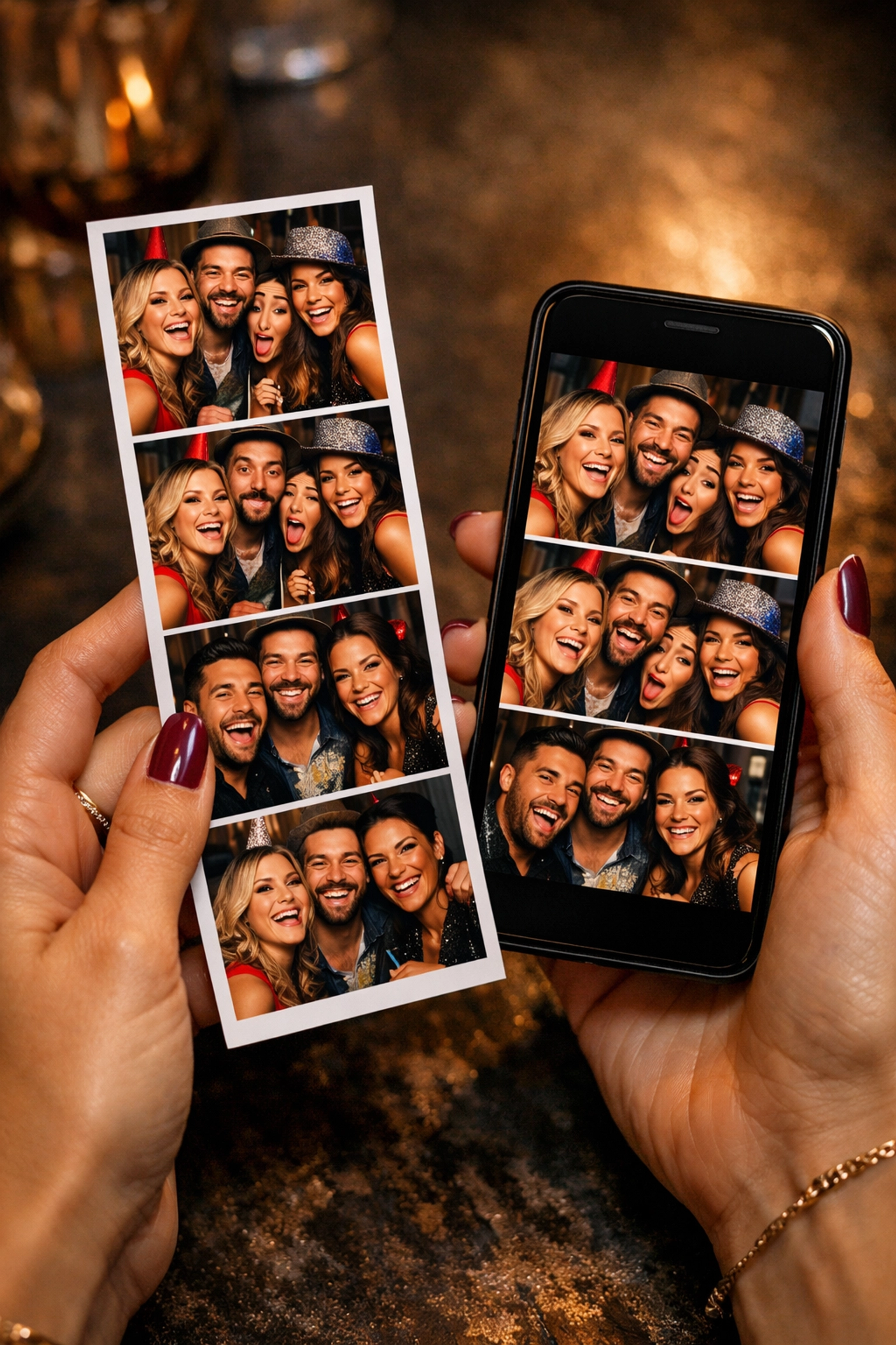 Hands holding printed photo booth strip and smartphone showing instant digital sharing