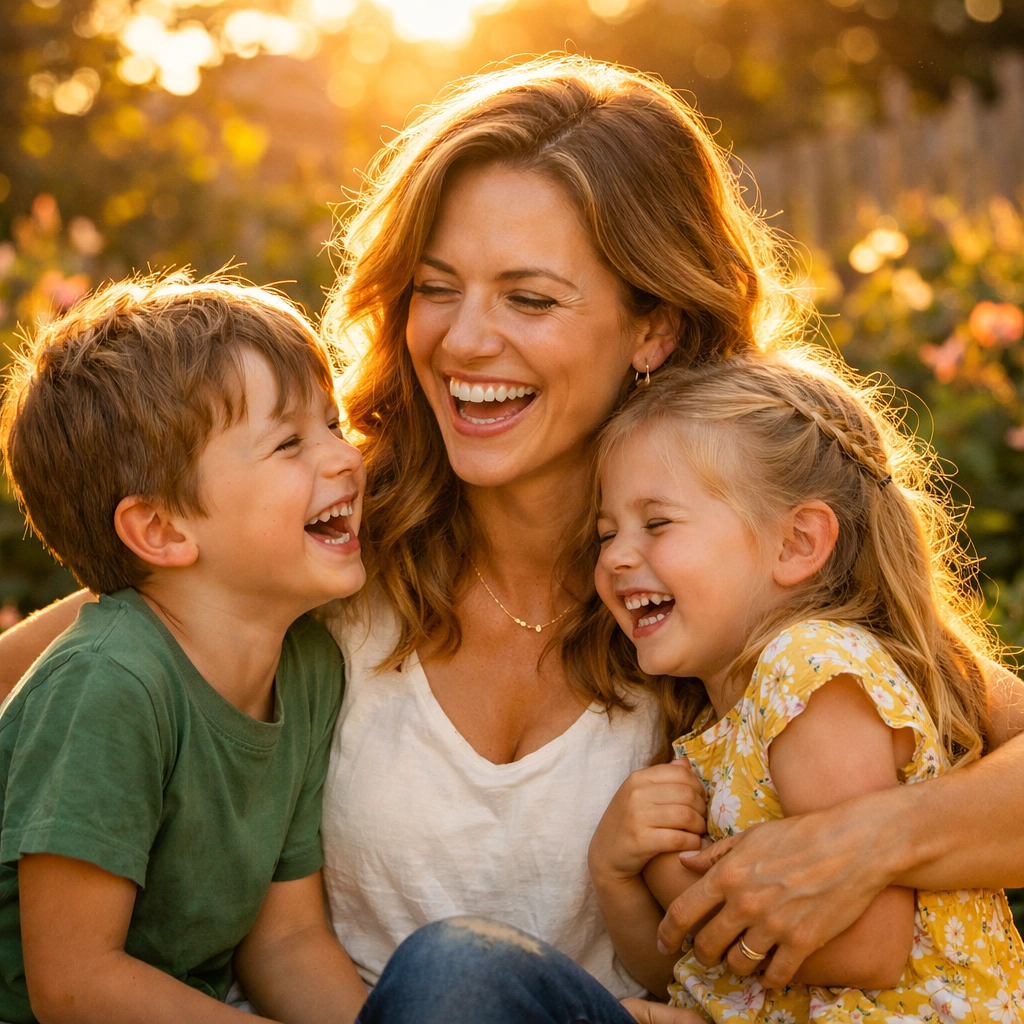 A healthy mother laughs with her children in a garden, illustrating how wellness restores the heart of the home.