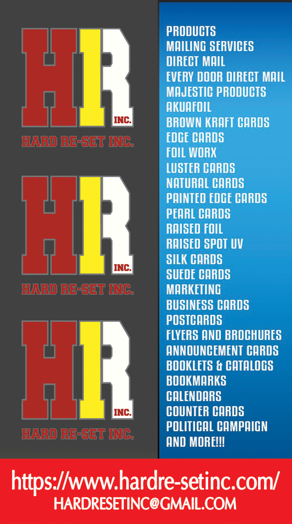 Hard Re-Set Inc. Branding Overview showing a list of offered print products and services.