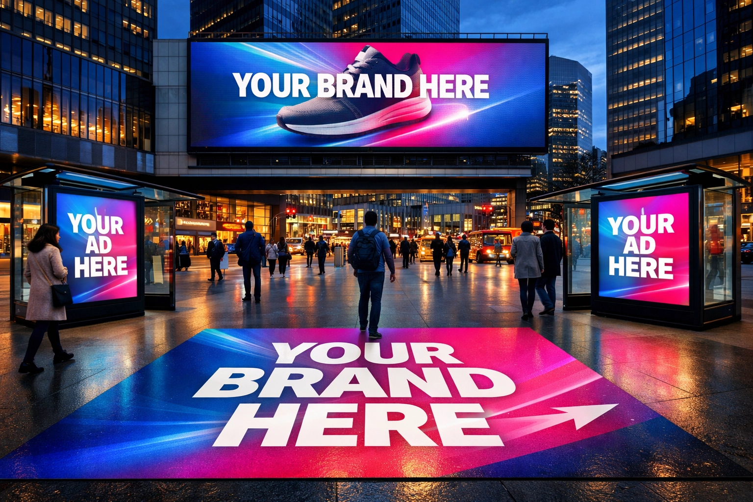 Multiple OOH advertising formats including digital billboards and floor graphics in urban plaza environment