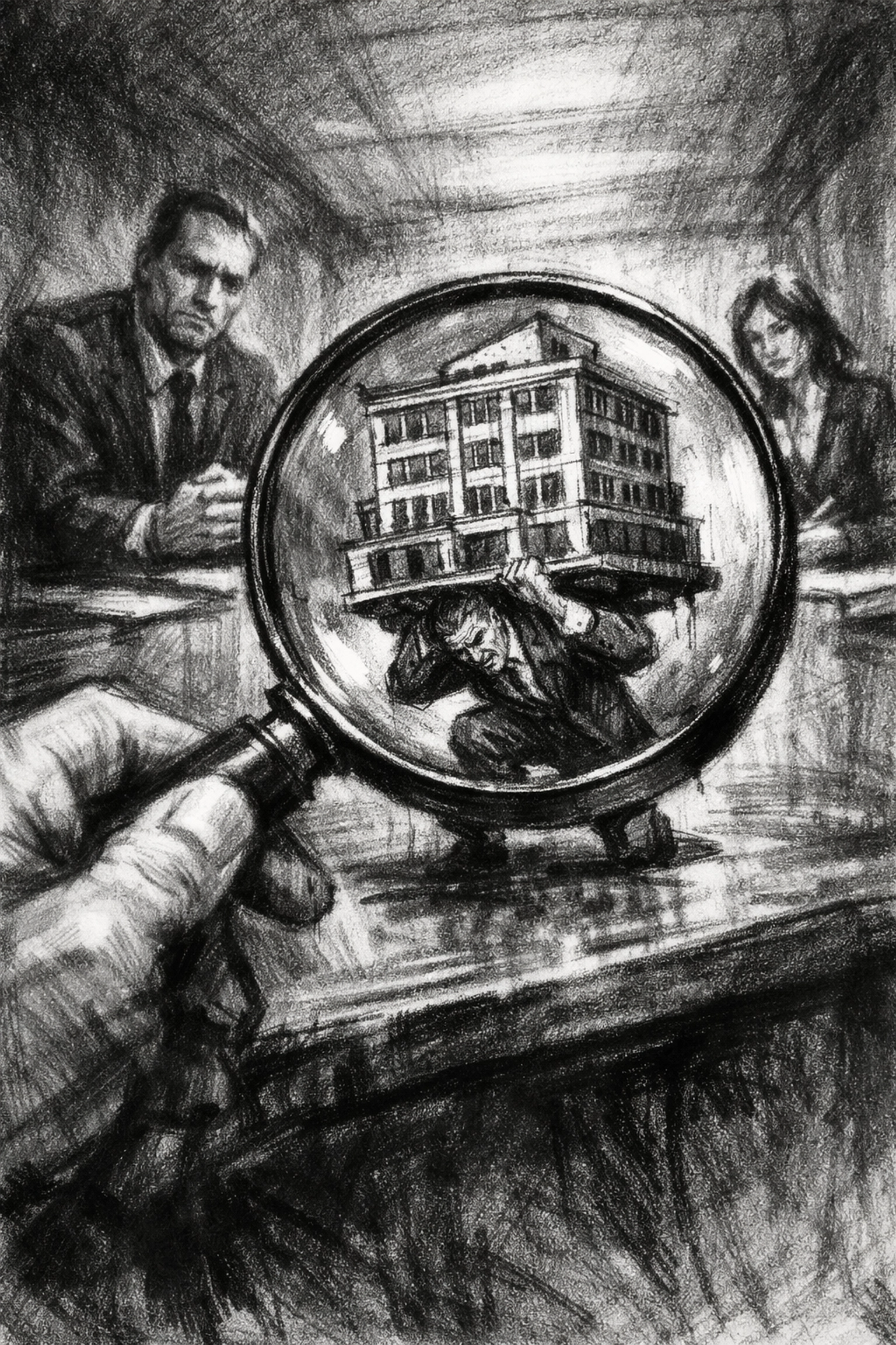 Sketch of a buyer analyzing business exit risk with a magnifying glass over a fragile company model.