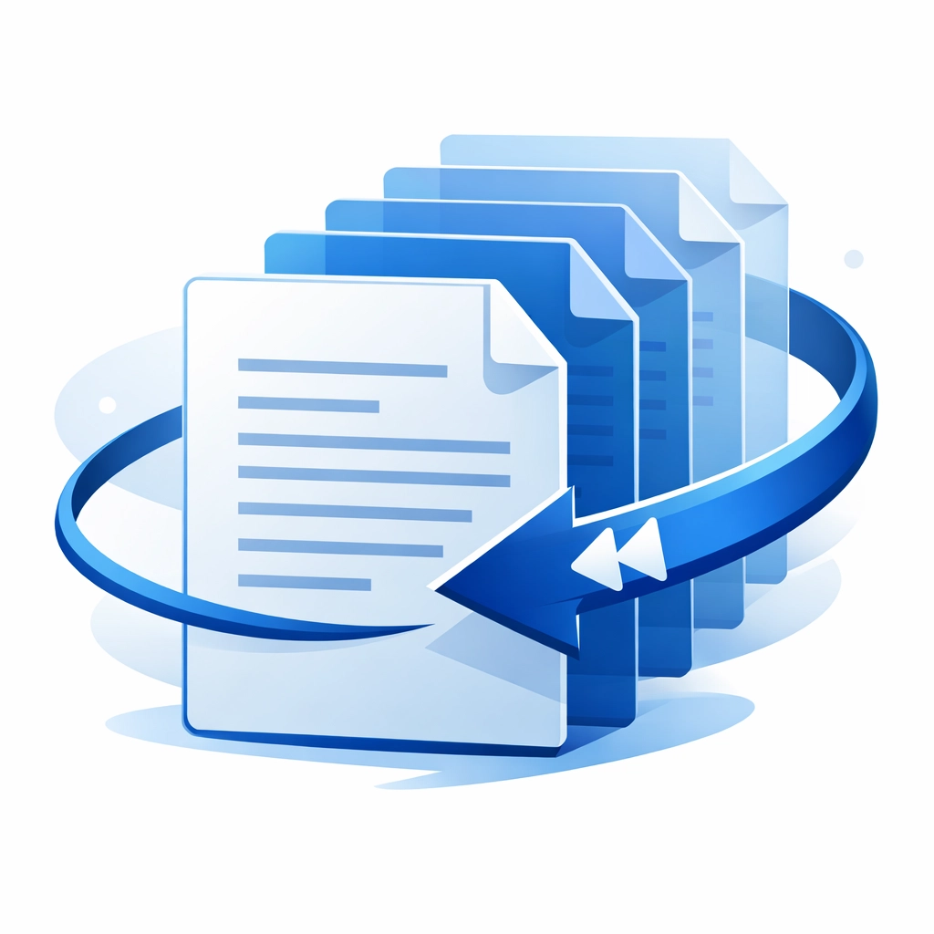 Stacked digital document icons with a rewind arrow showing file versioning and backup history.
