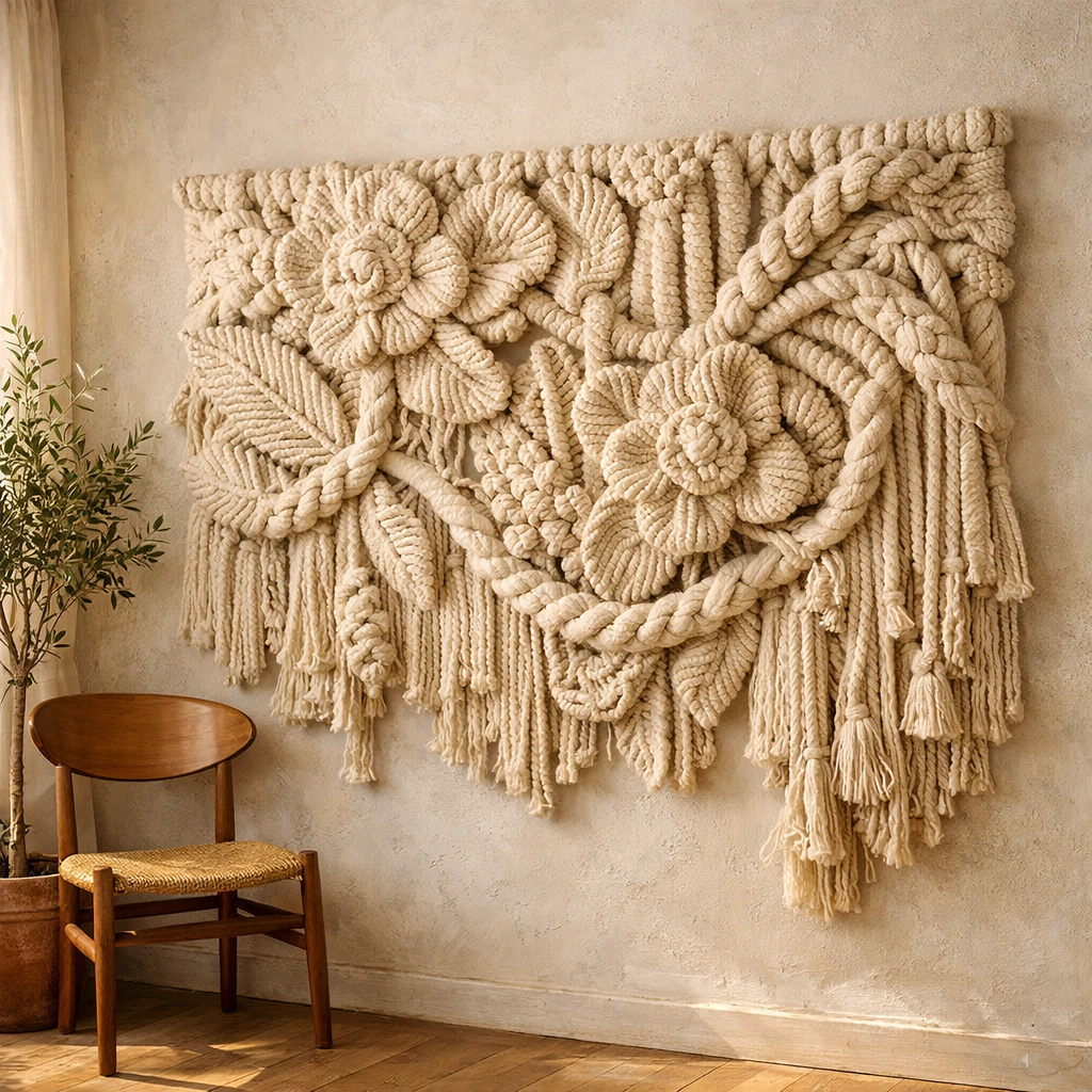 Handcrafted fiber art wall hanging with botanical patterns in a modern living space.
