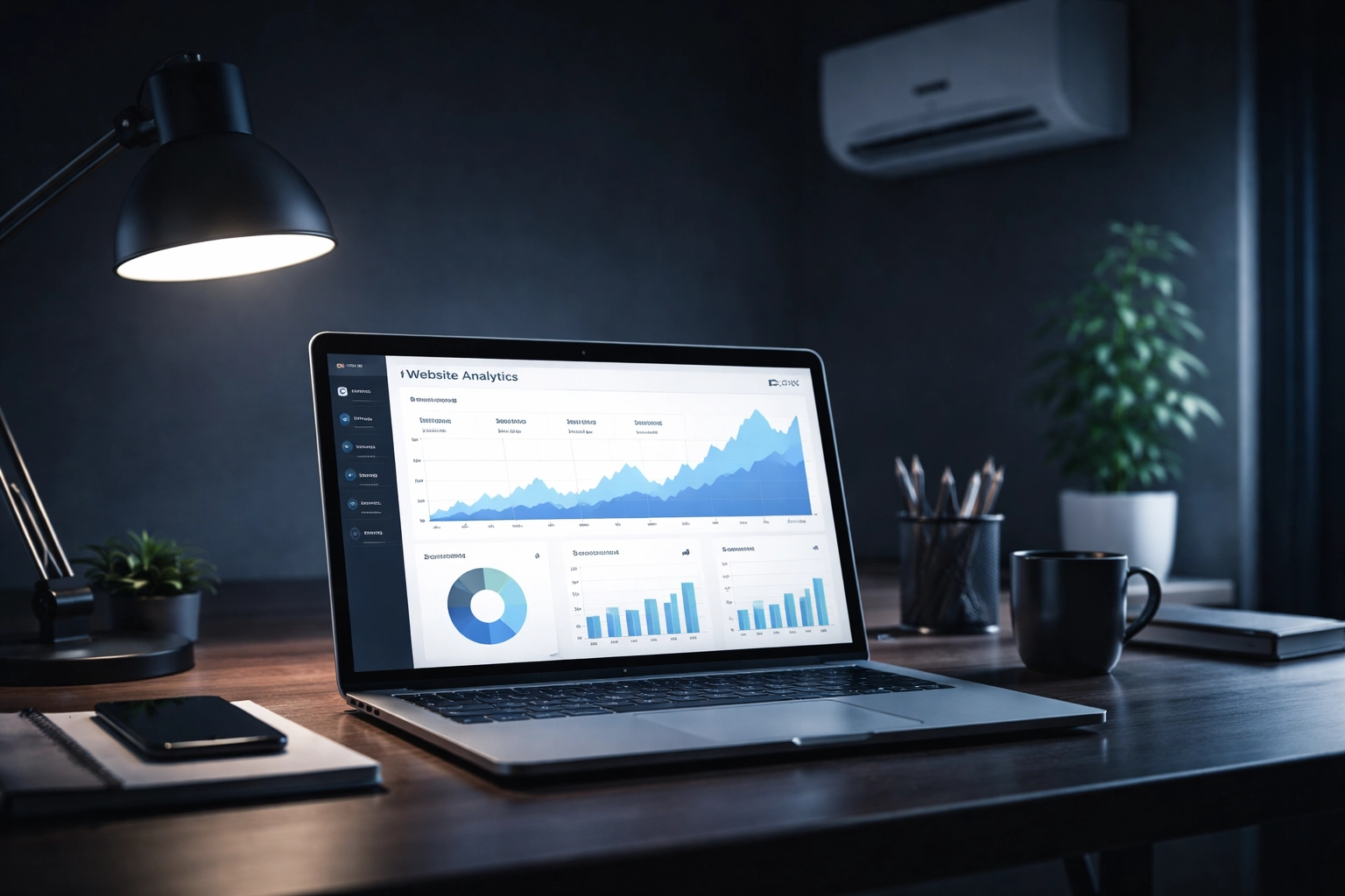 Modern home office with laptop showing website analytics, air conditioning unit, Brisbane HVAC marketing concept.