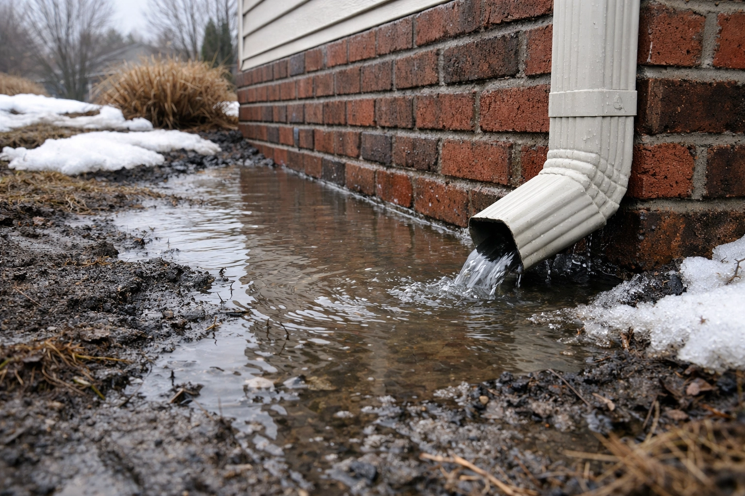Water pooling at home foundation from poor drainage during snowmelt in coastal NC