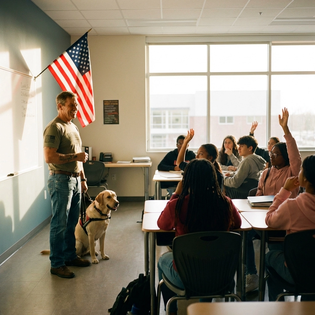 Veteran guest speaker engaging high school students in classroom near American flag, building civic respect and understanding.