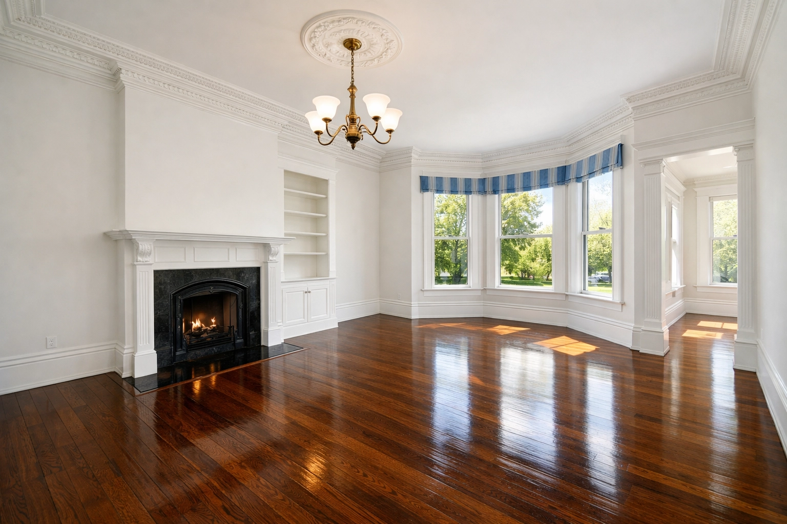 Pristine empty living room in a Newton home after a professional move-in cleaning service.