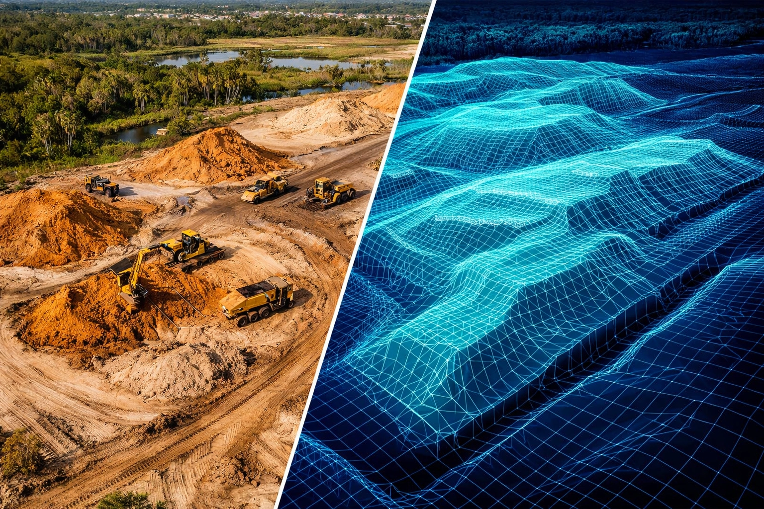 Aerial view of a Florida construction site showing drone mapping and a digital surface model for land development.