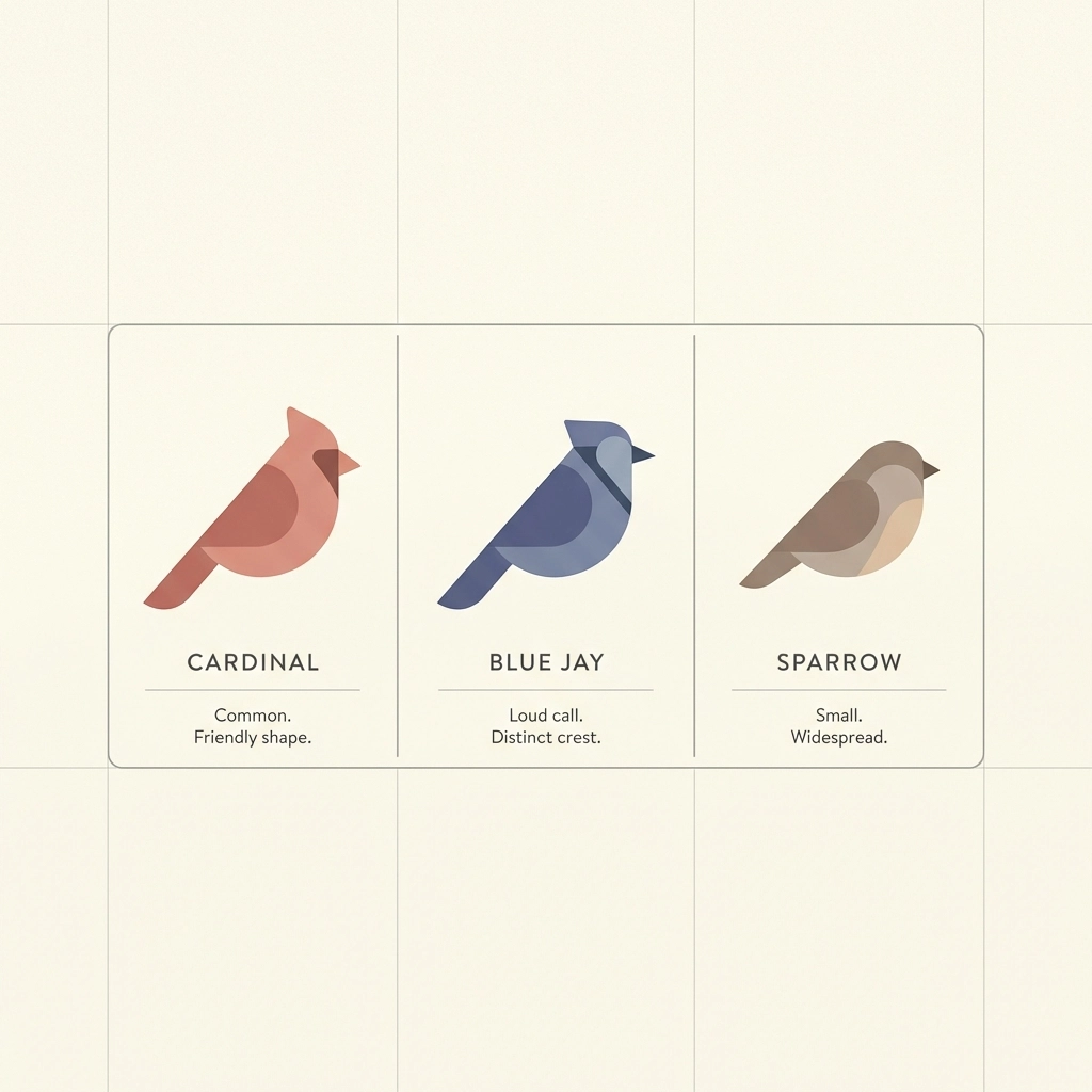 A simple bird spotter's guide featuring cardinal, blue jay, and sparrow illustrations for bingo