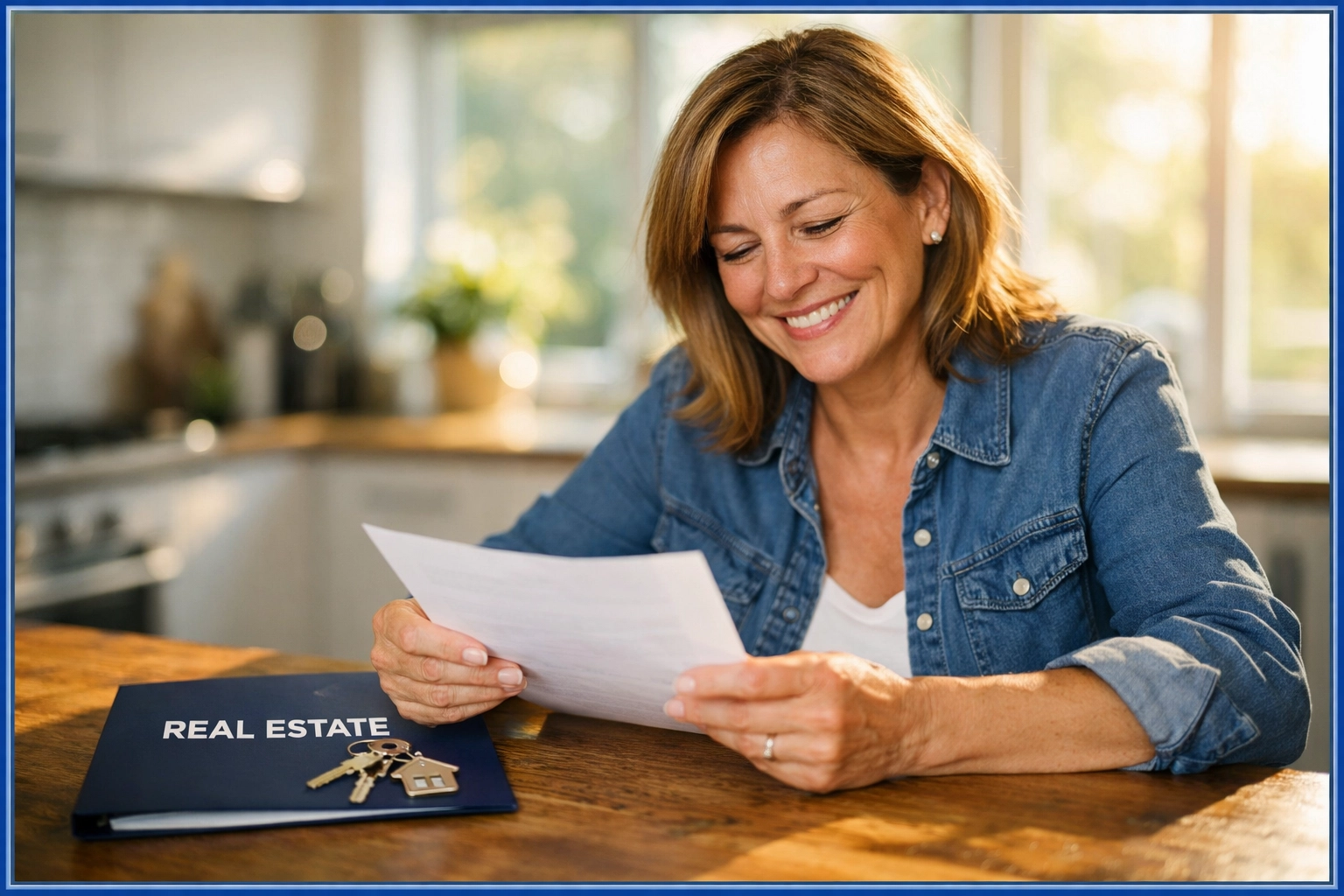 Woman reviewing guaranteed home sale paperwork with relief at kitchen table in Los Angeles Woman reviewing guaranteed home sale paperwork with relief at kitchen table in Los Angeles