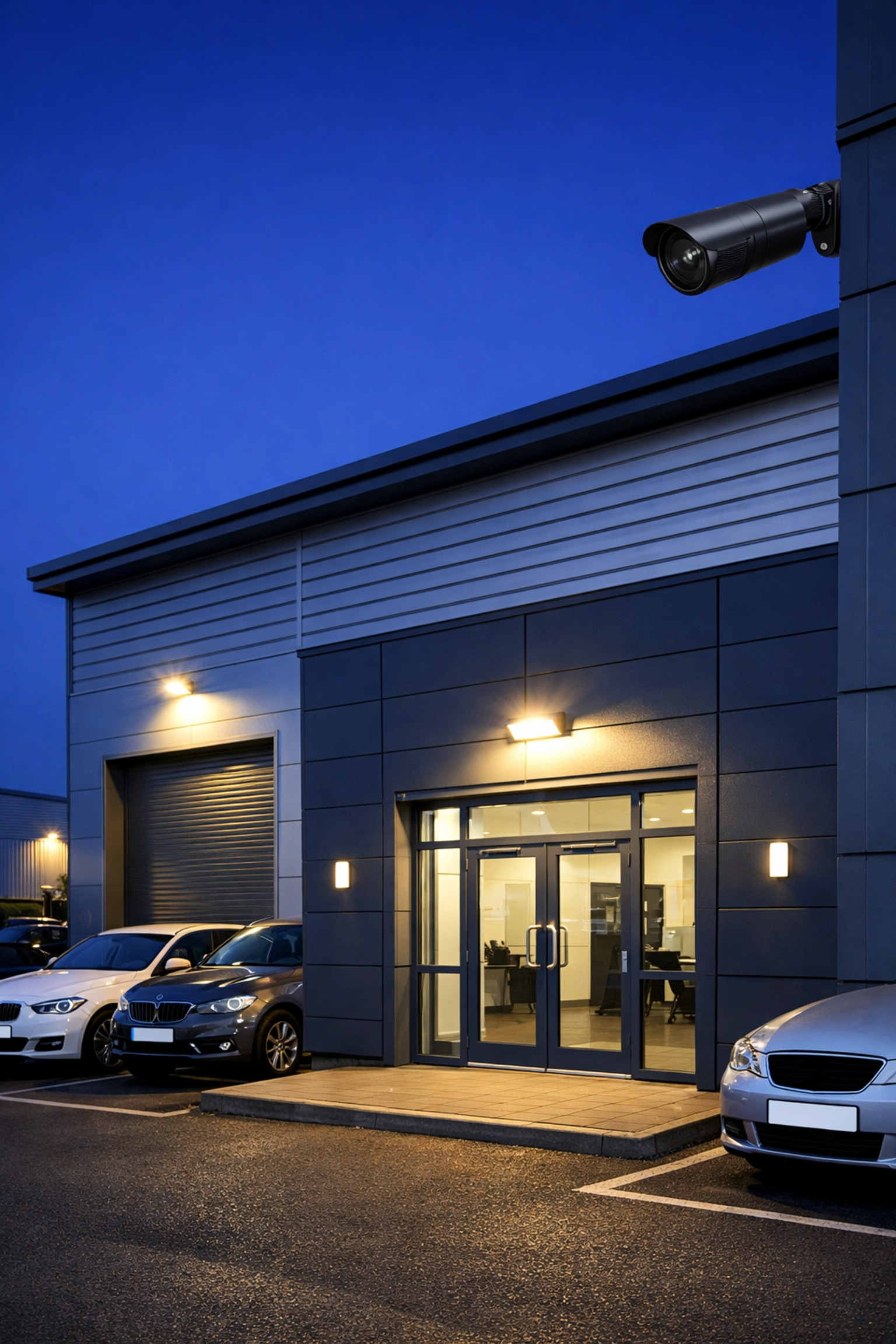 Bullet CCTV camera providing security for a modern industrial unit on a Cirencester business park.