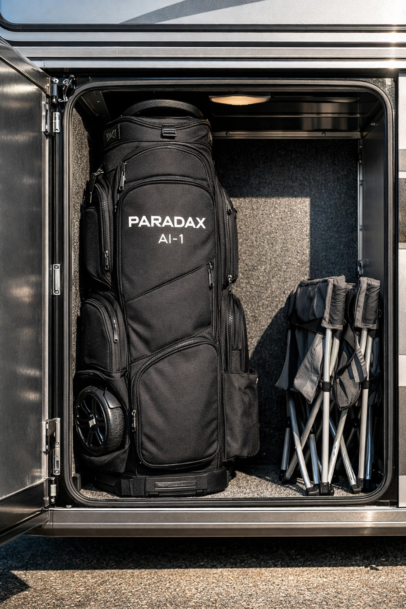 PARADAX AI-1 all-in-one golf bag with wheels tucked neatly into an RV storage compartment.
