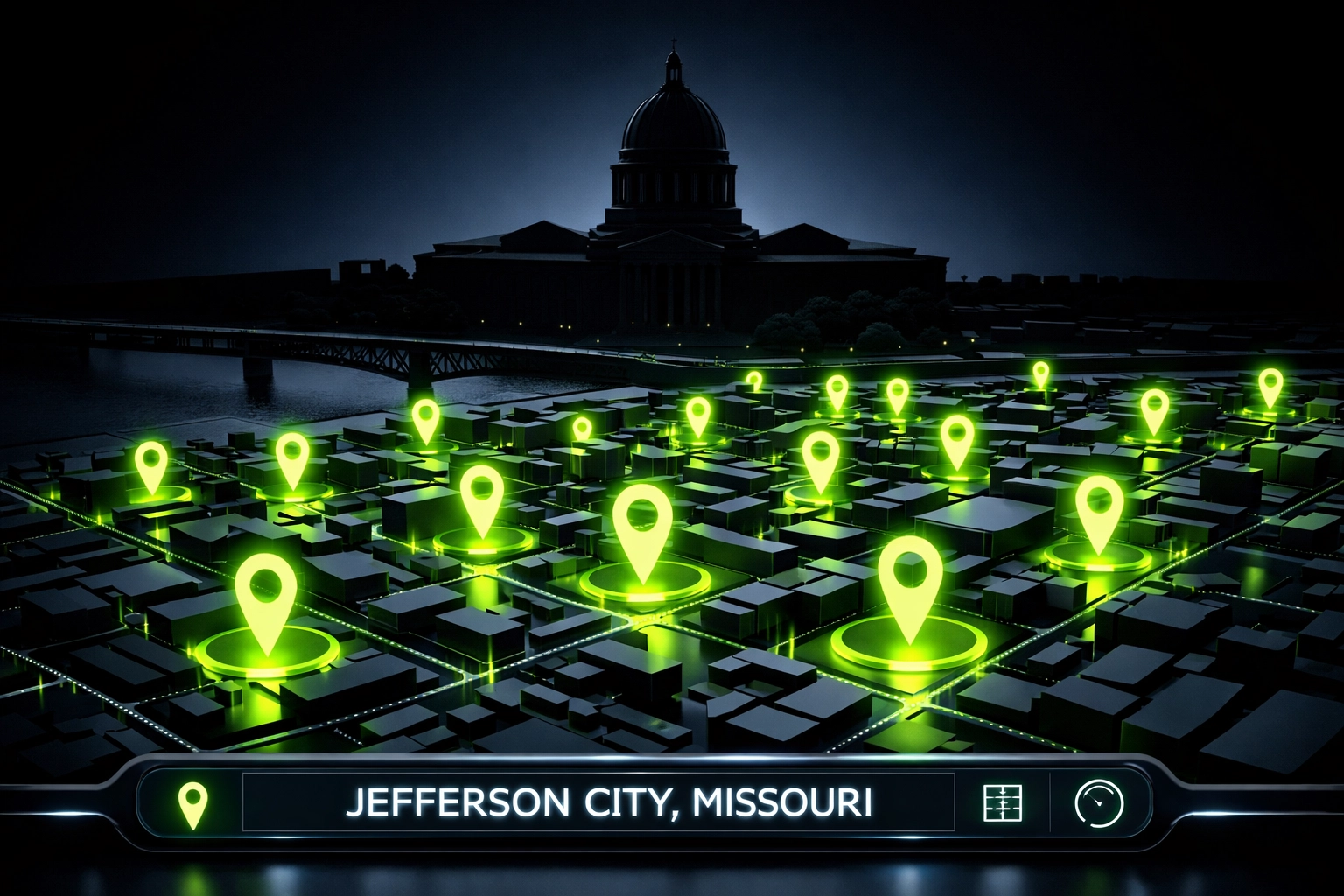 Digital map of Jefferson City MO featuring real estate GPS markers near the State Capitol.