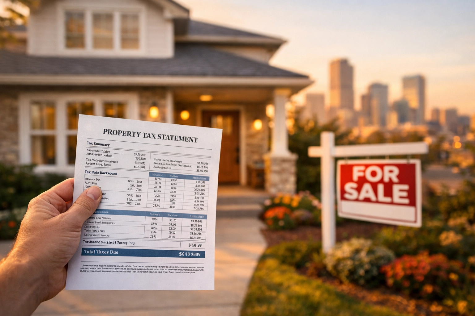 Denver homeowner reviewing property tax bill statement in front of modern home