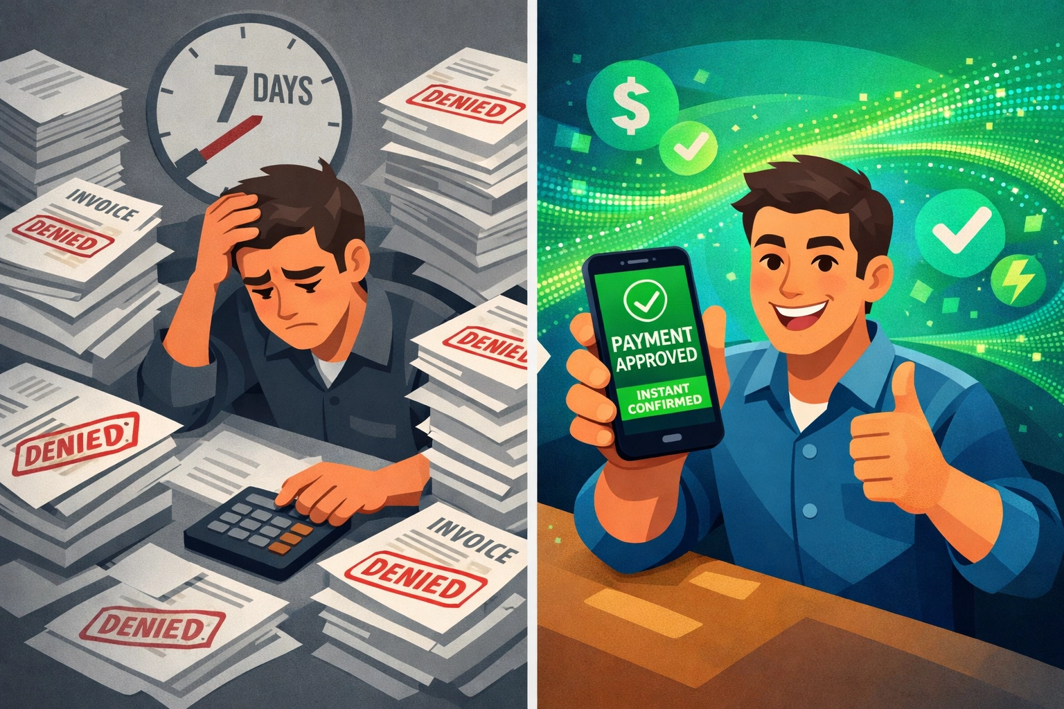 Merchant comparing slow traditional payment settlement delays versus instant blockchain transaction processing